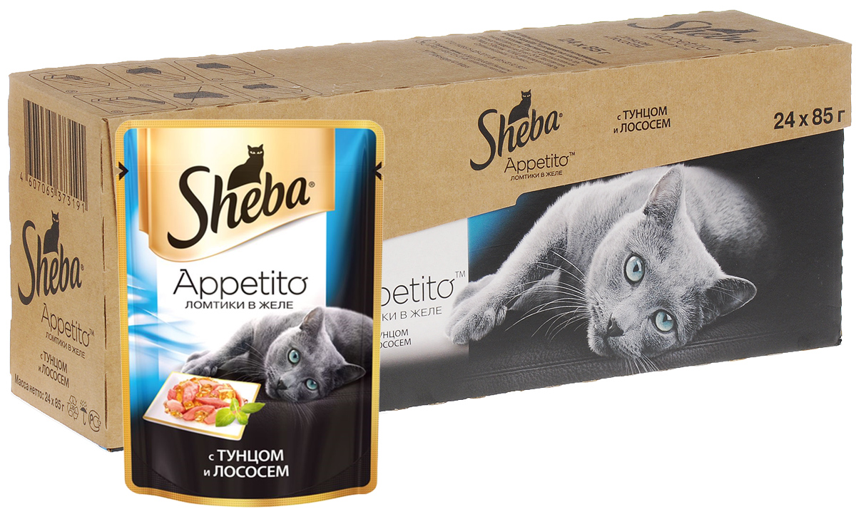 Консервы для взрослых кошек Sheba Appetito, с тунцом и лососем в желе, 85 г х 24 шт40754 Консервы для взрослых кошек Sheba Appetito, с тунцом и лососем в желе, 85 г х 24 шт40754Любимой кошке всегда хочется давать только самое лучшее. И еда - великолепный способ передать свое отношение к любимице. Сочные ломтики Sheba Appetito подарят кошке особое изысканное удовольствие и помогут владельцу выразить свою заботу и восхищение ей. Новая линия Sheba Appetito - это сочные ломтики двух видов рыбы в насыщенном желе. Ломтики сохраняют всю сочность вкуса, который непременно оценит каждая кошка. В состав консервов входят все витамины и минералы, необходимые для сбалансированного питания взрослых кошек. Не содержат сои, искусственных красителей и консервантов. Состав: мясо и субпродукты, мясо тунца минимум 4%, мясо лосося минимум 4%, таурин, витамины, минеральные вещества. Пищевая ценность (100 г): белки - 9 г, жиры - 3 г, зола - 1,8 г, клетчатка - 0,3 г, витамин А - не менее 100 МЕ, витамин Е - не менее 1 МГ. Энергетическая ценность: 70 ккал. Вес: 24 шт х 85 г.Товар сертифицирован.
