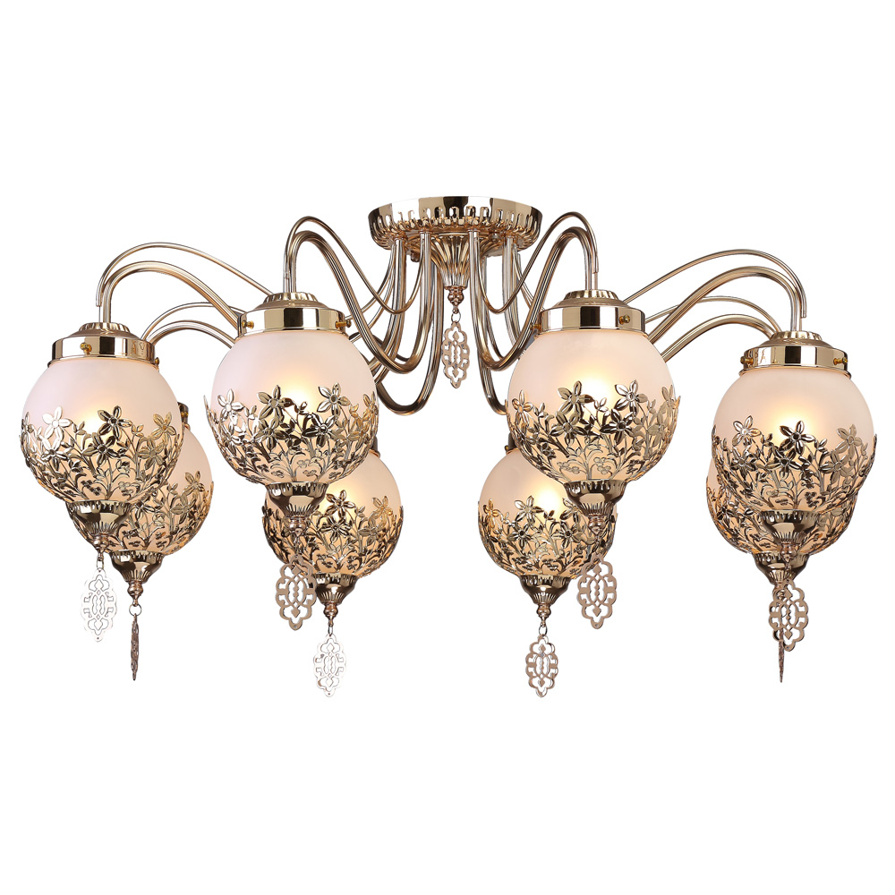 Светильник потолочный Arte Lamp Moroccana. A4552PL-8GOA4552PL-8GO Светильник потолочный Arte Lamp Moroccana. A4552PL-8GOA4552PL-8GOПотолочный светильник Arte Lamp Moroccana поможет создать в вашем доме атмосферу уюта и комфорта. Благодаря высококачественным материалам он практичен в использовании и отлично работает на протяжении долгого периода времени. Шикарная люстра в стиле этно содержит восемь плафонов из матового стекла в обрамлении цветков из металла. Плафоны направлены вниз. Лампы: Е14; 8x40 W. Диаметр люстры: 75 см. Пылевлагозащита IP20. Класс электрозащиты: I.