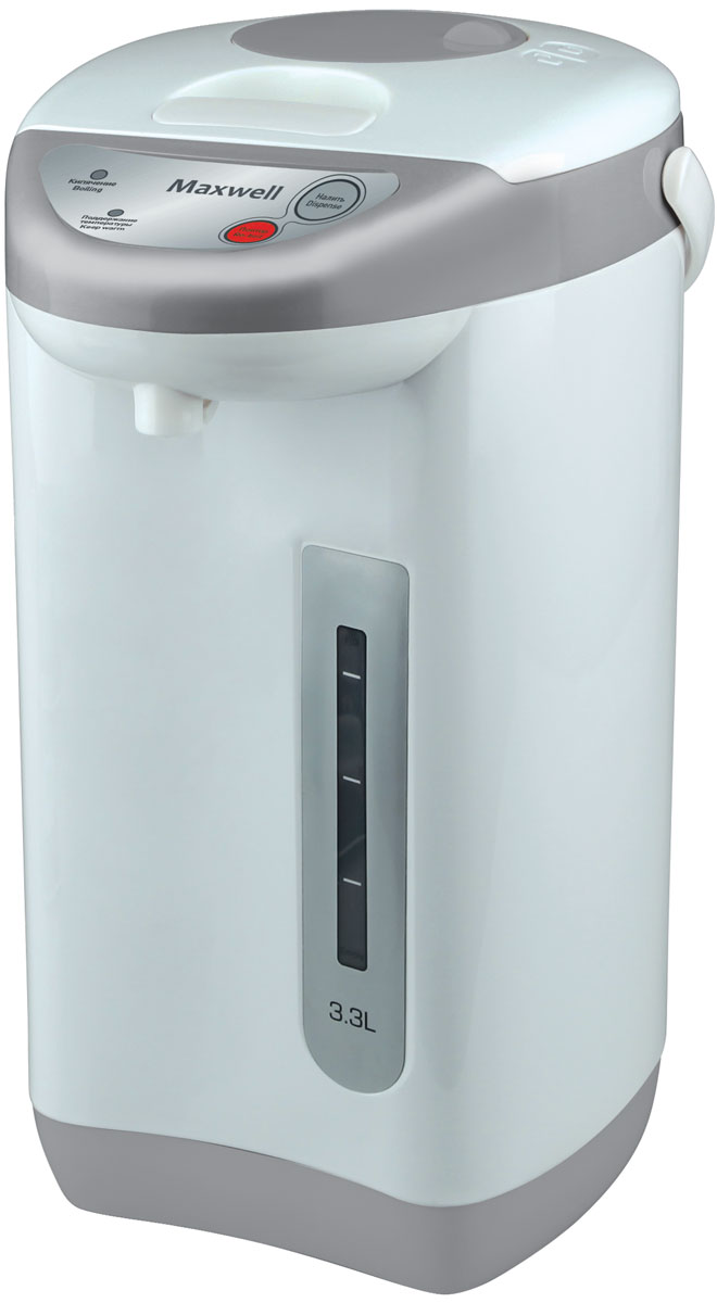 Maxwell MW-1056(GY) термопотMW-1056(GY) Maxwell MW-1056(GY) термопотMW-1056(GY)Для того чтобы пить горячий чай или кофе на протяжении всего дня, вам больше не потребуется пользоваться чайником, включая его ежечасно. Достаточно приобрести вместительный термопот Maxwell MW-1056! Он характеризуется большим объемом резервуара для воды 3,3литра, наличием функции поддержания температуры, удобной и безопасной системой налива кипятка.Термопот включается нажатием одной кнопки, при этом степень нагрева воды вы можете отрегулировать самостоятельно, выбрав один из нескольких предлагаемых температурных режимов. Прибор автоматически отключаются, когда вода нагревается до нужной температуры, что исключает необходимость постоянного пребывания рядом с техникой. Налить горячую воду в чашку очень просто, для чего в Maxwell MW-1056 встроен насос. Нажав на специальную кнопку, вода из резервуара потечет автоматически в подставленную чашку. Контролировать количество воды вы можете при помощи специальной прозрачной шкалы с метками, которая всегда вам подскажет, когда необходимо долить воду в резервуар.Maxwell MW-1056 исключает необходимость постоянного подогрева воды, когда вам захочется выпить чашечку чая. Функция сохранения высокой температуры кипяченной воды в течение суток позволяет вам в любое время наслаждаться горячими напитками, не тратя электроэнергию при включении устройства.