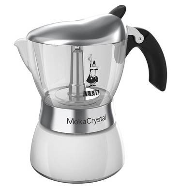 Кофеварка гейзерная Bialetti Moka Crystal, цвет: белый, прозрачный, на 6 чашек4323 Кофеварка гейзерная Bialetti Moka Crystal, цвет: белый, прозрачный, на 6 чашек4323Компактная гейзерная кофеварка Bialetti Moka Crystal изготовлена из высококачественного алюминия. С помощью прозрачного стекла верхней части вам удобно будет наблюдать за процессом приготовления эспрессо. Объема кофе хватает на 6 чашек. Изделие оснащено удобной ручкой из бакелита.Принцип работы такой гейзерной кофеварки - кофе заваривается путем многократного прохождения горячей воды или пара через слой молотого кофе. Удобство кофеварки в том, что вся кофейная гуща остается во внутренней емкости. Гейзерные кофеварки пользуются большой популярностью благодаря изысканному аромату. Кофе получается крепкий и насыщенный. Теперь и дома вы сможете насладиться великолепным эспрессо. Подходит для газовых, электрических и стеклокерамических плит. Нельзя мыть в посудомоечной машине. Высота (с учетом крышки): 20 см.