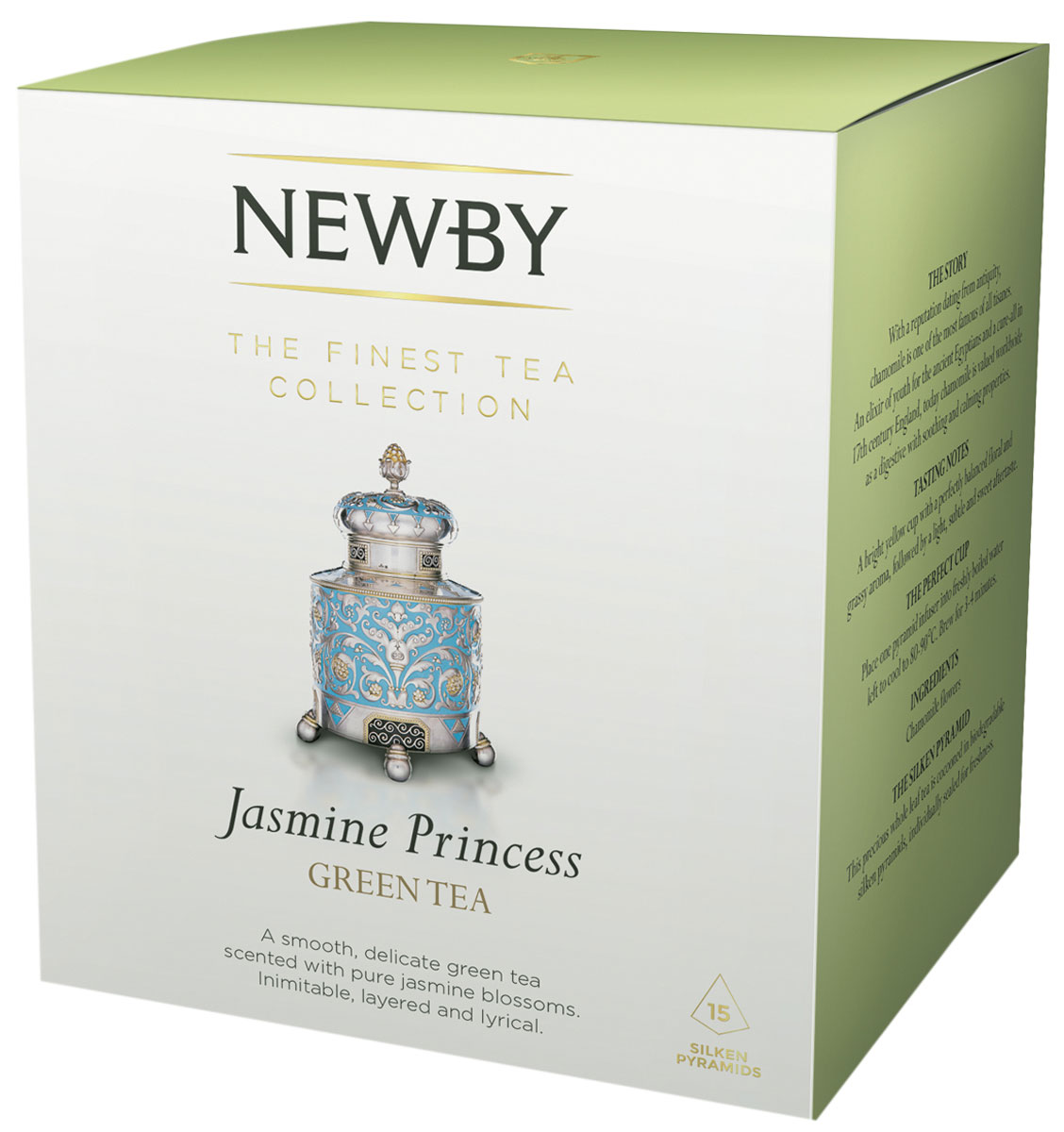 Newby Jasmine Princes зеленый чай в пирамидках, 15 шт600300A Newby Jasmine Princes зеленый чай в пирамидках, 15 шт600300AЧай Newby Jasmine Princes - это скрученные вручную из нежных типсов жемчужины зеленого чая, ароматизированные свежими цветами жасмина. Каждая пирамидка упакована в индивидуальное саше из алюминиевой фольги для сохранения свежести чайного листа.