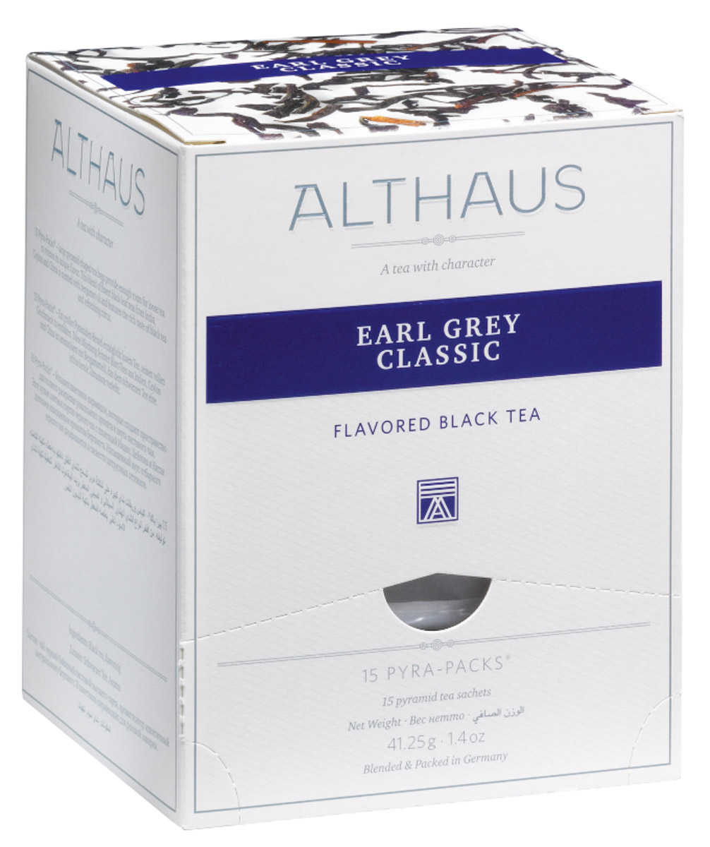 Althaus Earl Grey Classic чай черный ароматизированный в пирамидках, 15 штTALTHL-L00142 Althaus Earl Grey Classic чай черный ароматизированный в пирамидках, 15 штTALTHL-L00142Althaus Earl Grey Classic - чай изысканный, но в то же время очень яркий. Главное достоинство этого чая — в характерном аромате бергамота. Дымно-горьковатое, чуть терпкое благоухание спелых средиземноморских плодов придает чаю легкую пряность, теплую свежесть солнечного утра Италии и таинственную сладковатую ноту. При заваривании стойкий маслянисто-бальзамический букет превращается в едва уловимый, невесомый цитрусовый оттенок, на фоне которого продолжает играть выразительная мелодия благородных сортов черного чая из Индии, Китая и Шри-Ланки. Красивый медно-ореховый настой с золотистым отливом дает яркий, бодрящий вкус с полным и свежим характером. Завершают эту мелодию сдержанные древесные ноты.Pyra-Pack - это коллекция из 13 купажей, в которую вошли лучшие сорта высококачественного листового чая, а также отборные смеси из цельных кусочков фруктов, ягод, цветочных лепестков, целебных трав. Pyra-Pack представляет собой инновационный вариант высокотехнологичной упаковки - нейлоновые пирамидки: Пакетики в форме пирамидок создают пространство для свободного распределения чаинок, тем самым повышая степень и скорость экстракции чая. Нейлон обладает отличной пропускной способностью, поэтому чай, заваренный в нейлоновых пирамидках, получается особо насыщенным по вкусу и ароматным. Пирамидки максимально упрощают процедуру заваривания чая, при этом сохраняя эстетический эффект традиционного чаепития.