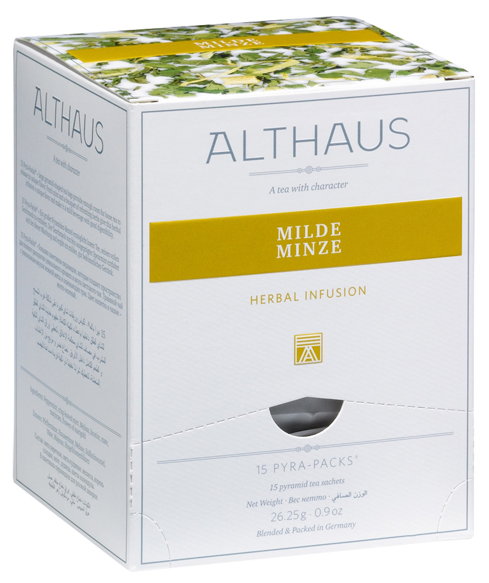 Althaus Milde Minze чайный напиток травяной в пирамидках, 15 штTALTHL-L00152 Althaus Milde Minze чайный напиток травяной в пирамидках, 15 штTALTHL-L00152Althaus Milde Minze - травяной купаж с пикантно-освежающим вкусом нежной сладкой мяты и целебных трав.Pyra-Pack - это коллекция из 13 купажей, в которую вошли лучшие сорта высококачественного листового чая, а также отборные смеси из цельных кусочков фруктов, ягод, цветочных лепестков, целебных трав. Pyra-Pack представляет собой инновационный вариант высокотехнологичной упаковки - нейлоновые пирамидки: Пакетики в форме пирамидок создают пространство для свободного распределения чаинок, тем самым повышая степень и скорость экстракции чая. Нейлон обладает отличной пропускной способностью, поэтому чай, заваренный в нейлоновых пирамидках, получается особо насыщенным по вкусу и ароматным. Пирамидки максимально упрощают процедуру заваривания чая, при этом сохраняя эстетический эффект традиционного чаепития.