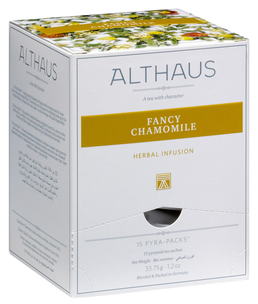 Althaus Fancy Chamomile чайный напиток травяной в пирамидках, 15 штTALTHL-L00151 Althaus Fancy Chamomile чайный напиток травяной в пирамидках, 15 штTALTHL-L00151Althaus Fancy Chamomile – это сбор мягких ароматных соцветий ромашки высшего качества. Благодаря своему тонкому вкусу напиток превосходно утоляет жажду.При заваривании полупрозрачные цветочные лепестки раскрываются в настое, придавая ему выразительный сладковато-травянистый аромат с легкой терпкостью, напоминающий запах ранних яблок. Вкус напитка свежий, пряный, с доминирующими цветочными тонами, едва заметной кислинкой и минеральным оттенком.Ромашка служит универсальным лекарственным средством с давних времен. О целебных свойствах этого цветка знали еще в Древнем Египте. Особой популярностью растение пользовалось в Европе. В Англии ромашковый чай является традиционным домашним средством от всех болезней.Pyra-Pack - это коллекция из 13 купажей, в которую вошли лучшие сорта высококачественного листового чая, а также отборные смеси из цельных кусочков фруктов, ягод, цветочных лепестков, целебных трав. Pyra-Pack представляет собой инновационный вариант высокотехнологичной упаковки - нейлоновые пирамидки: Пакетики в форме пирамидок создают пространство для свободного распределения чаинок, тем самым повышая степень и скорость экстракции чая. Нейлон обладает отличной пропускной способностью, поэтому чай, заваренный в нейлоновых пирамидках, получается особо насыщенным по вкусу и ароматным. Пирамидки максимально упрощают процедуру заваривания чая, при этом сохраняя эстетический эффект традиционного чаепития.