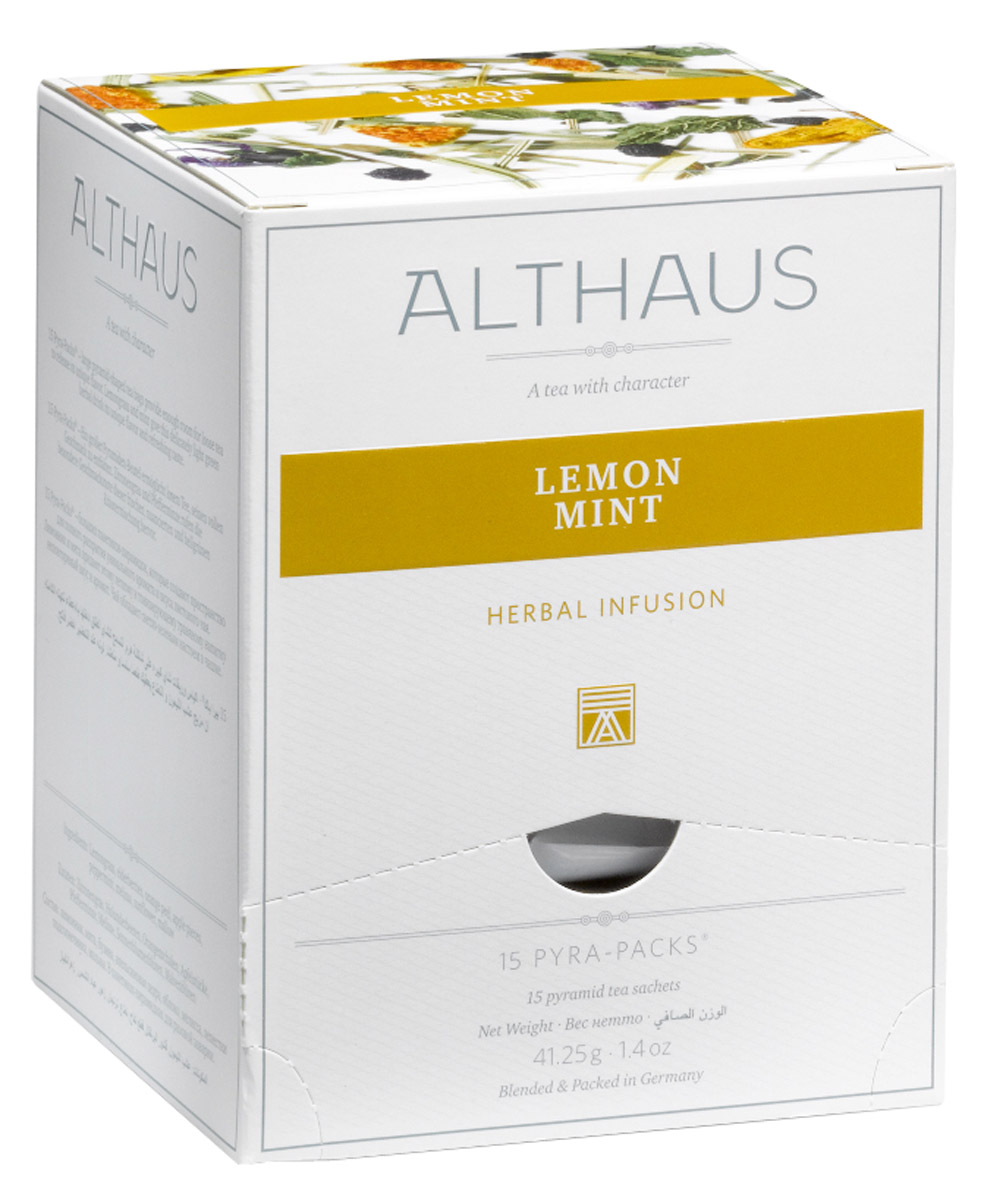 Althaus Lemon Mint чайный напиток травяной в пирамидках, 15 штTALTHL-L00147 Althaus Lemon Mint чайный напиток травяной в пирамидках, 15 штTALTHL-L00147Лимонник и мята лежат в основе вкусового своеобразия оригинального напитка Althaus Lemon Mint. Все остальные компоненты — ягоды бузины, апельсиновая цедра, яблоко, мелисса, лепестки подсолнечника и мальвы — дополняют букет тонкими оттенками аромата и служат для создания яркого визуального эффекта.В этом купаже травянисто-цитрусовый вкус лимонника подчеркивается яркой освежающей нотой сладкой мяты и завершается пикантным имбирным оттенком. Чайный напиток станет идеальным завершением легкого завтрака, ведь он не только полезен для здоровья, но и обладает замечательным тонизирующим эффектом. Бодрящий чай с мятой и мелиссой замечательно подходит для приготовления холодных игристых коктейлей с фруктами и льдом. Pyra-Pack - это коллекция из 13 купажей, в которую вошли лучшие сорта высококачественного листового чая, а также отборные смеси из цельных кусочков фруктов, ягод, цветочных лепестков, целебных трав. Pyra-Pack представляет собой инновационный вариант высокотехнологичной упаковки - нейлоновые пирамидки: Пакетики в форме пирамидок создают пространство для свободного распределения чаинок, тем самым повышая степень и скорость экстракции чая. Нейлон обладает отличной пропускной способностью, поэтому чай, заваренный в нейлоновых пирамидках, получается особо насыщенным по вкусу и ароматным. Пирамидки максимально упрощают процедуру заваривания чая, при этом сохраняя эстетический эффект традиционного чаепития.