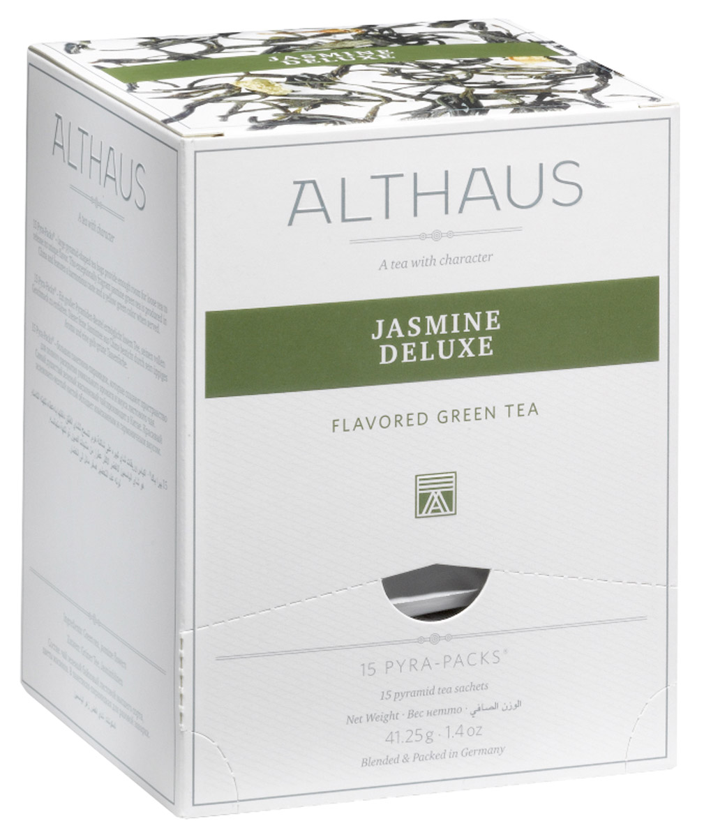 Althaus Jasmine Deluxe чай зеленый ароматизированный в пирамидках, 15 штTALTHL-L00145 Althaus Jasmine Deluxe чай зеленый ароматизированный в пирамидках, 15 штTALTHL-L00145Необыкновенно изысканный зеленый чай Althaus Jasmine Deluxe отличается нежным фруктовым букетом с характерными медово-цветочными нотками. Пленительный, густой ориентально-амбровый аромат летних цветов постепенно превращается в легкий и прозрачный оттенок, напоминающий запах холодного хрустального воздуха во время первой весенней капели.Althaus Jasmine Deluxe изготавливается по традиционной китайской технологии, во время которой отборный зеленый чай смешивается с еще нераскрывшимися бутонами белоснежного жасмина. Чай, насыщенный эфирными маслами летних цветов, оказывает гармонизирующее воздействие на организм человека и обладает расслабляющим эффектом.Pyra-Pack - это коллекция из 13 купажей, в которую вошли лучшие сорта высококачественного листового чая, а также отборные смеси из цельных кусочков фруктов, ягод, цветочных лепестков, целебных трав. Pyra-Pack представляет собой инновационный вариант высокотехнологичной упаковки - нейлоновые пирамидки: Пакетики в форме пирамидок создают пространство для свободного распределения чаинок, тем самым повышая степень и скорость экстракции чая. Нейлон обладает отличной пропускной способностью, поэтому чай, заваренный в нейлоновых пирамидках, получается особо насыщенным по вкусу и ароматным. Пирамидки максимально упрощают процедуру заваривания чая, при этом сохраняя эстетический эффект традиционного чаепития.