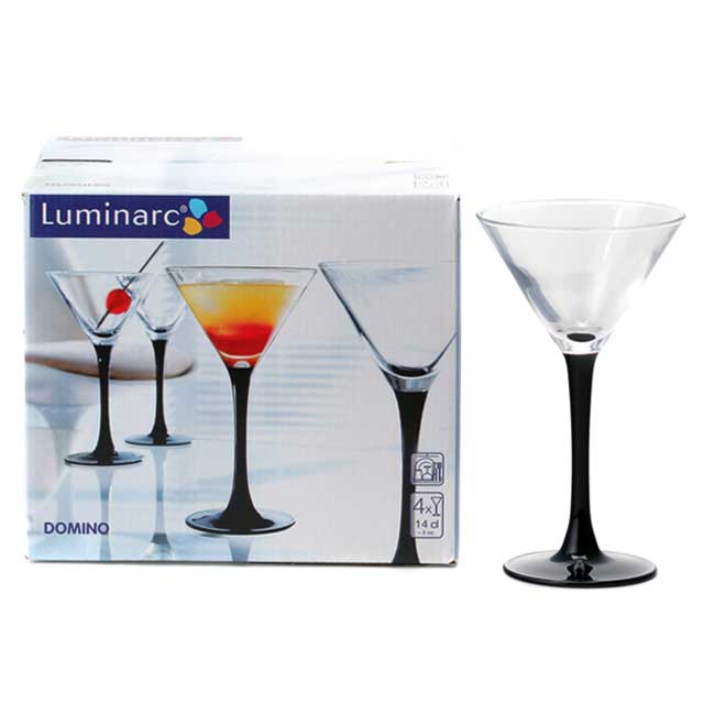 Набор бокалов для коктейлей Luminarc Домино, 140 мл, 4 штE9486 Набор бокалов для коктейлей Luminarc Домино, 140 мл, 4 штE9486Стильный набор бокалов для коктейлей Домино от Luminarc подойдет для использования в любых интерьерах. Бокалы выполнены в современном дизайне, необычности им добавляет изящная черная ножка. Они изготовлены из ударопрочного стекла, которое долговечно, не впитывает запахи и обладает антибактериальными свойствами. Набор состоит из 4 бокалов, каждый объемом 140 мл. Он надежен и долговечен. Можно мыть в посудомоечной машине.