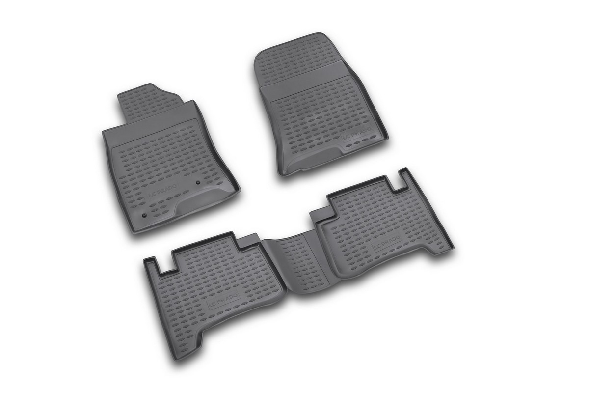 Набор автомобильных ковриков Novline-Autofamily для Toyota Land Cruiser Prado 01/2003-12/2009, в салон, цвет: черный, 4 штNLC.48.01.210k Набор автомобильных ковриков Novline-Autofamily для Toyota Land Cruiser Prado 01/2003-12/2009, в салон, цвет: черный, 4 штNLC.48.01.210kНабор автомобильных ковриков Novline-Autofamily, изготовленный из полиуретана, состоит из 4 ковриков, которые учитывают все особенности каждой модели автомобиля и полностью повторяют контуры пола. Полиуретановые автомобильные коврики для салона произведены из высококачественного материала, который держит форму, прочный и не пачкает обувь. Коврики в салон не только улучшат внешний вид салона вашего автомобиля, но и надежно уберегут его от пыли, грязи и сырости, а значит, защитят кузов от коррозии. Полиуретановые коврики для автомобиля гладкие, приятные и не пропускают влагу. Ковры для автомобилей надежно крепятся на полу и не скользят, что очень важно во время движения. Чистятся коврики очень просто: как при помощи автомобильного пылесоса, так и различными моющими средствами. Набор подходит для Toyota Land Cruiser Prado январь 2003 - декабрь 2009 годов выпуска.