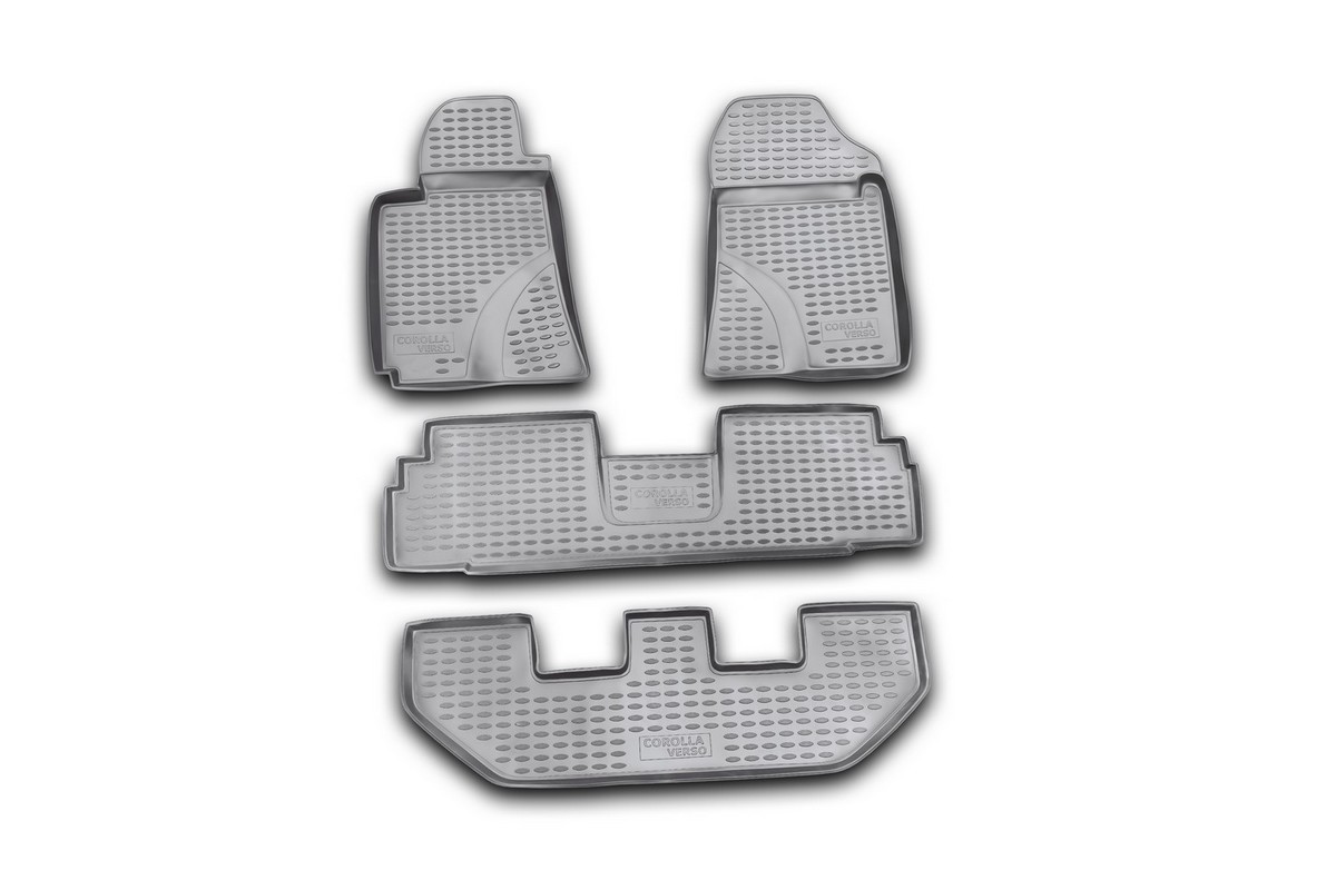 Коврики в салон автомобиля Novline-Autofamily для Toyota Corolla Verso, 03/2004 -10/2009, 4 штNLC.48.13.210k Коврики в салон автомобиля Novline-Autofamily для Toyota Corolla Verso, 03/2004 -10/2009, 4 штNLC.48.13.210kКоврики Novline-Autofamily улучшат внешний вид салона автомобиля и надежно уберегут его от пыли, грязи и сырости, а значит, защитят кузов от коррозии. Полиуретановые коврики гладкие, приятные и не пропускает влагу. Полиуретановые автомобильные коврики произведены из высококачественного материала, который держит форму и не пачкает обувь. Коврики надежно крепятся на полу и не скользят, что очень важно во время движения, особенно для водителя. Изделия из полиуретана надежно удерживают грязь и влагу, при этом всегда выглядят довольно опрятно. И чистятся они очень просто: как при помощи автомобильного пылесоса, так и различными моющими средствами.