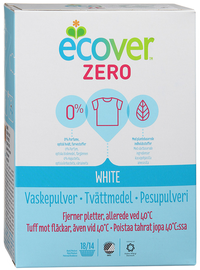 Экологический стиральный порошок Ecover Zero, для белого белья, 750 г40019 Экологический стиральный порошок Ecover Zero, для белого белья, 750 г40019Совершенно новый ультраконцентрированный гипоаллергенный универсальный стиральный порошок Ecover Zero для белого и нелиняющего цветного белья, созданный 100% на растительной и минеральной основе. Идеально подходит для беременных женщин, младенцев, детей и взрослых, склонных к аллергии и кожным заболеваниям. Сертифицирован Nordic Ecolabel, Danish Asthma-Allergy Association и Allergy UK, дерматологически протестирован. Улучшенная формула порошка Ecover Zero содержит небольшое количество бережного кислородного отбеливателя, который прекрасно удаляет пятна на одежде даже при стирке на низких температурах (30°С). Великолепно выполаскивается. Экономичный ультраконцентрат позволяет использовать меньше порошка и обеспечивает на 50% больше стирок! При машинной стирке не требуется добавление средств для смягчения воды и предотвращения образования накипи (типа Calgon). Без запаха. Не содержит нефтепродуктов, отдушек, ароматизаторов, оптических отбеливателей, пигментов, красителей, фосфатов. Содержит энзимы (не ГМО) и натуральный кислородный отбеливатель. Подходит для использования в домах с автономной канализацией. Не наносит вреда любым видам септиков! Характеристики:Состав: 15-30% анионные био-ПАВ, цеолиты, карбонат натрия; 5-15% неионные био-ПАВ, силикат натрия, бикарбонат натрия; Вес: 750 г. Товар сертифицирован.