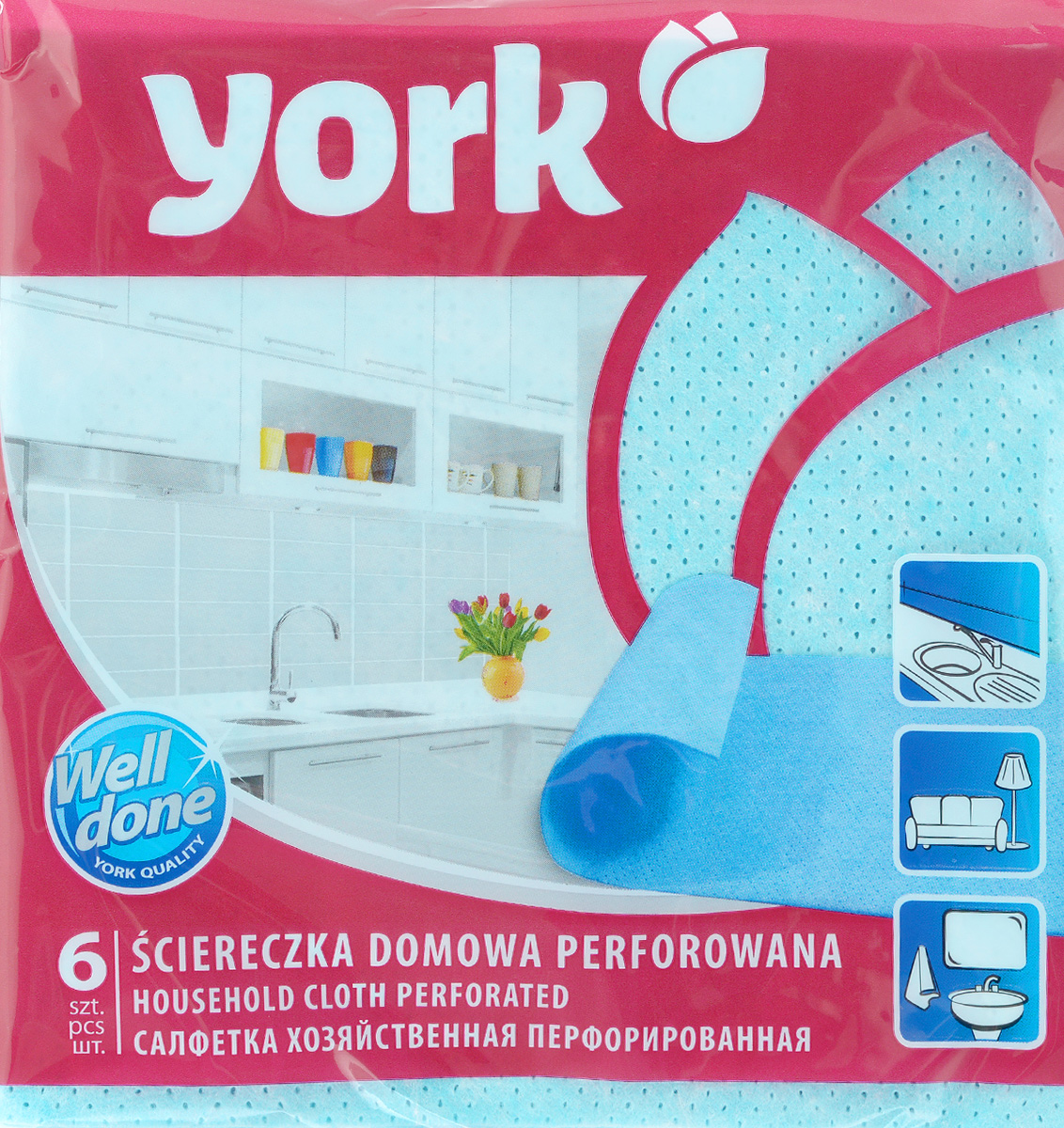 Салфетка перфорированная York, цвет: голубой, 34 х 35 см, 6 шт2004_голубой Салфетка перфорированная York, цвет: голубой, 34 х 35 см, 6 шт2004_голубойПерфорированная салфетка York предназначена для мытья, протирания и полировки. Салфетка выполнена из вискозы с добавлением полипропиленового волокна, отличается высокой прочностью. Благодаря перфорации хорошо поглощает влагу. Идеальна для ухода за столешницами на кухне. Может использоваться в сухом и влажном виде.