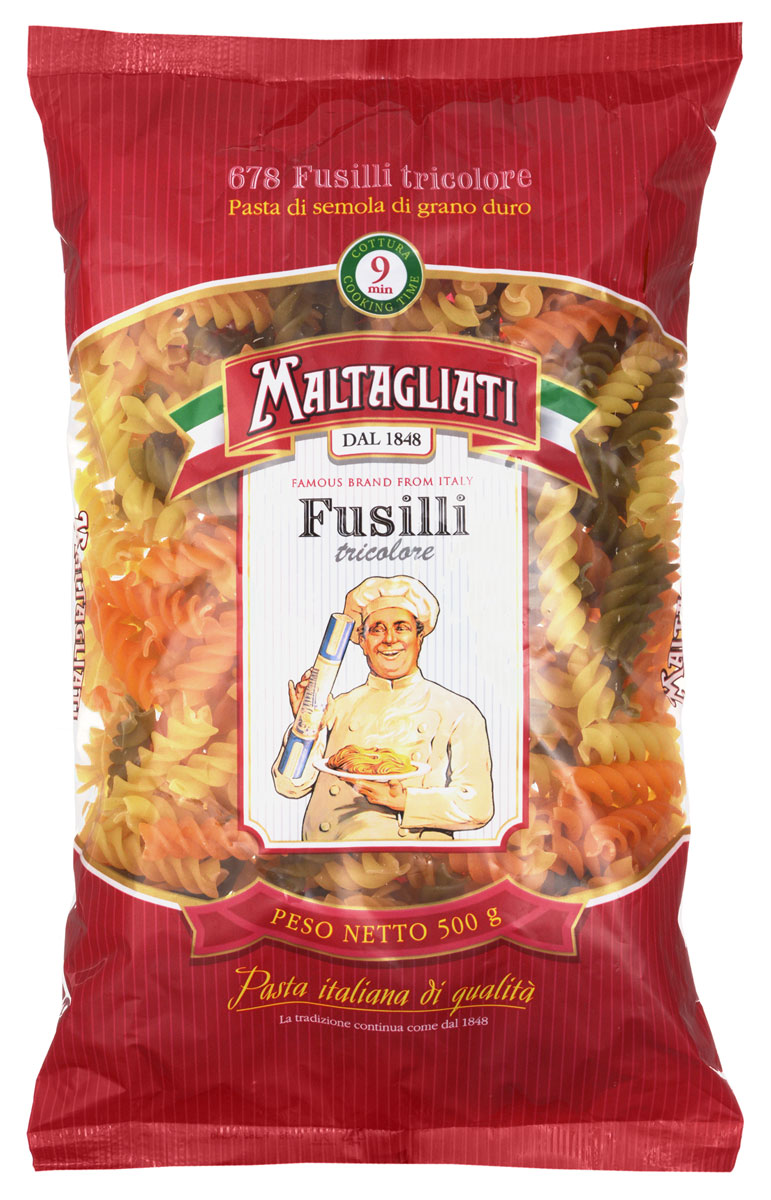Maltagliati Fusilli Спираль триколор макароны, 500 г8001810903590 Maltagliati Fusilli Спираль триколор макароны, 500 г8001810903590Спиральные макароны Maltagliati 678 производятся в Италии в Тоскане с 1848 года. Макаронные изделия Maltagliati с изображением итальянского повара - самые известные итальянские макаронные изделия на территории Российской Федерации и, вероятно, всего бывшего СССР. Эти изделия из твердых сортов пшеницы зарекомендовали себя как отличная основа для различных блюд. Они безусловно придутся по вкусу самым требовательным гурманам! Разноцветные макароны придадут вашим блюдам особую изюминку, а особенно понравятся детям.