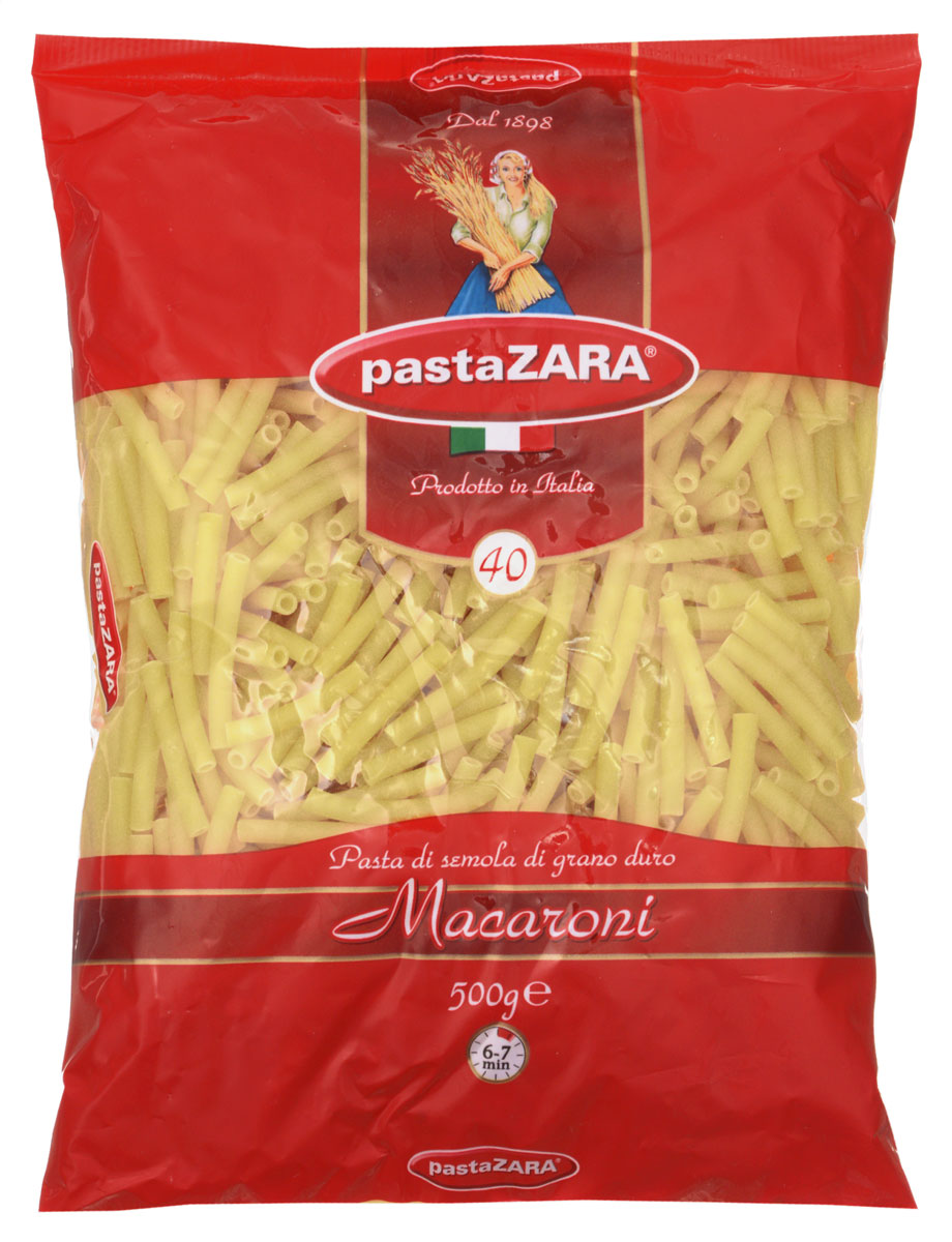 Pasta Zara Макарони макароны, 500 г8004350130402 Pasta Zara Макарони макароны, 500 г8004350130402Классические макароны Pasta Zara 040 сочетает в себе современность технологий производства и традиционное итальянское качество. Эти изделия подойдут для приготовления самых разнообразных блюд - будь то сочетание с мясом или с овощами. Их вкусовые качества, как всегда, остаются на высоте, а благодаря твердым сортам пшеницы, входящим в состав, они сохраняют свою форму и не развариваются.