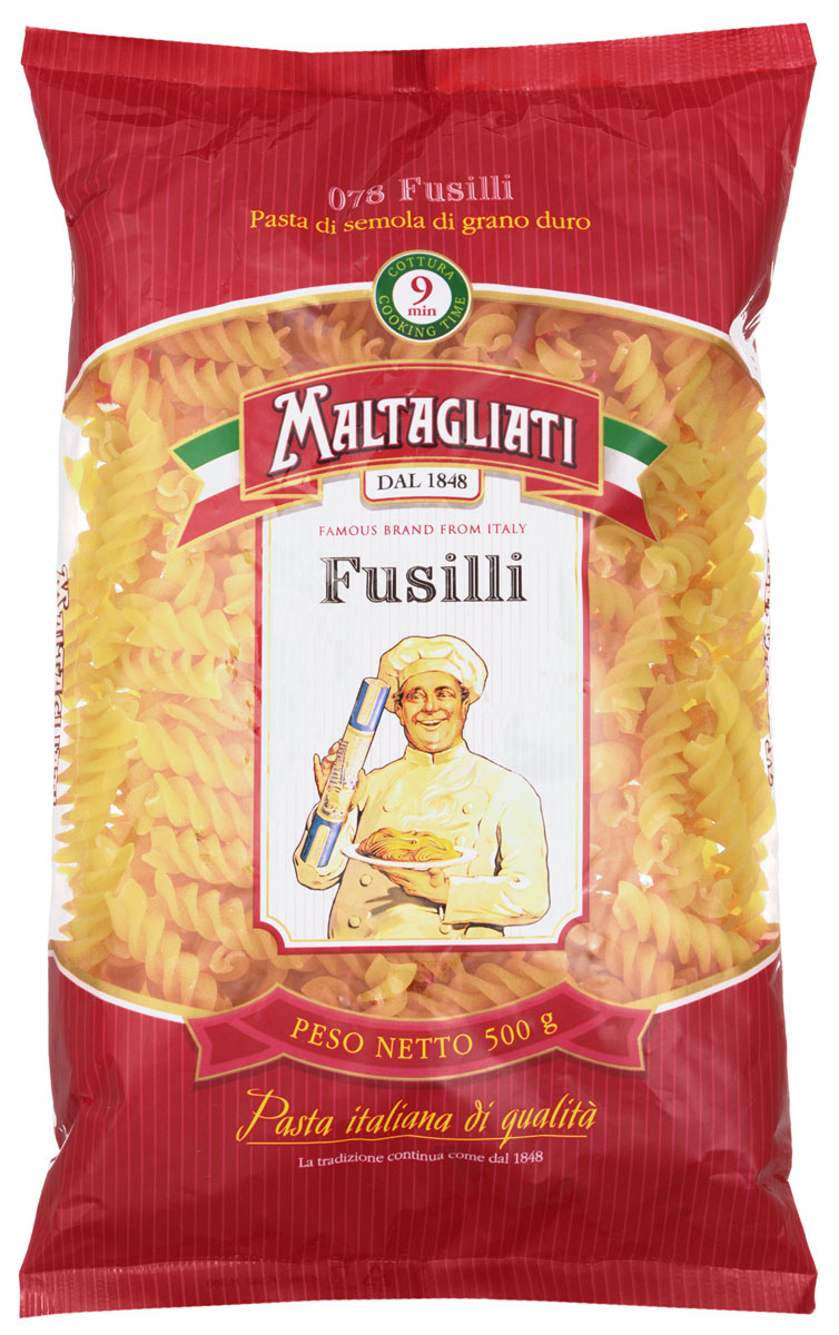 Maltagliati Fusilli Спираль макароны, 500 г8001810903583 Maltagliati Fusilli Спираль макароны, 500 г8001810903583Спиральные макароны Maltagliati 078 производятся в Италии в Тоскане с 1848 года. Макаронные изделия Maltagliati с изображением итальянского повара - самые известные итальянские макаронные изделия на территории Российской Федерации и, вероятно, всего бывшего СССР. Эти изделия из твердых сортов пшеницы зарекомендовали себя как отличная основа для различных блюд. Они безусловно придутся по вкусу самым требовательным гурманам! Необычная форма придаст особую изюминку вашим кулинарным шедеврам.