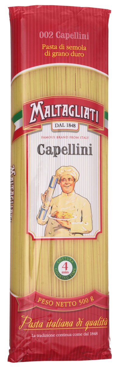 Maltagliati Capellini Спагетти макароны, 500 г8001810903477 Maltagliati Capellini Спагетти макароны, 500 г8001810903477Спагетти Maltagliati производятся в Италии в Тоскане с 1848 года. Макаронные изделия Maltagliati с изображением итальянского повара — самые известные итальянские макаронные изделия на территории Российской Федерации и, вероятно, всего бывшего СССР. Эти изделия подойдут для приготовления как классических итальянских спагетти, так и десятков разнообразных блюд, а благодаря отменным вкусовым качествам они придутся по вкусу любому гурману!