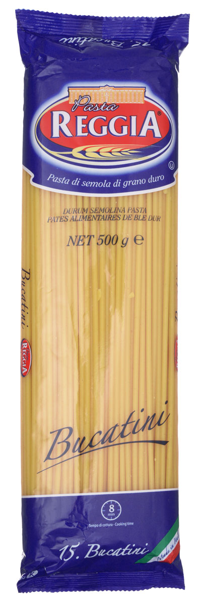Pasta Reggia Букатини макароны, 500 г8008857200156 Pasta Reggia Букатини макароны, 500 г8008857200156Букатини Pasta Reggia 015 произведены по классическим рецептам неаполитанской кухни Юга Италии. Это качественный продукт, приготовленный из муки высшего качества твердых сортов пшеницы, благодаря чему имеет прекрасные свойства при варке – они, в отличие от других макарон, очень хорошо держат форму и не развариваются.