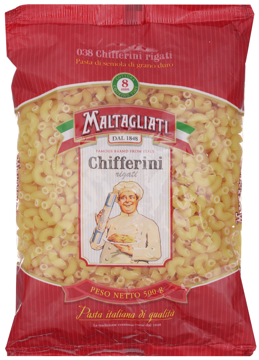 Maltagliati Chifferini Rigati Рожки макароны, 500 г8001810903507 Maltagliati Chifferini Rigati Рожки макароны, 500 г8001810903507Макаронные изделия Maltagliati производятся в Италии в Тоскане с 1848 года. Несмотря на то, что Maltagliati - это имя собственное, с начала прошлого века Maltagliati используется в Италии как нарицательное имя для домашней лапши и формата макаронных изделий похожих на домашнюю лапшу. Это самые известные итальянские макаронные изделия на территории Российской Федерации и, вероятно, всего бывшего СССР.