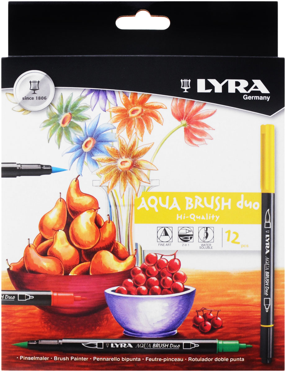 Lyra Набор цветных фломастеров Aqua Brush Duo 12 штL6521120_12 цветов Lyra Набор цветных фломастеров Aqua Brush Duo 12 штL6521120_12 цветовНабор цветных фломастеров Lyra Aqua Brush Duo - это красивое и приятное приобретение для любого художника и дизайнера.Фломастеры двойного назначения: с одной стороны наконечник с эффектом кисточки, с другой стороны фломастер имеет традиционный округленный наконечник. Удивительные свойства наконечника позволяют не только проводить очень четкие линии, но и художественно оттенять большие участки рисунка. Фломастеры Aqua Brush Duo содержат чернила на водной основе, безопасны, светостойки. Очень яркие, чистые цвета. В наборе представлены 12 цветных фломастеров.