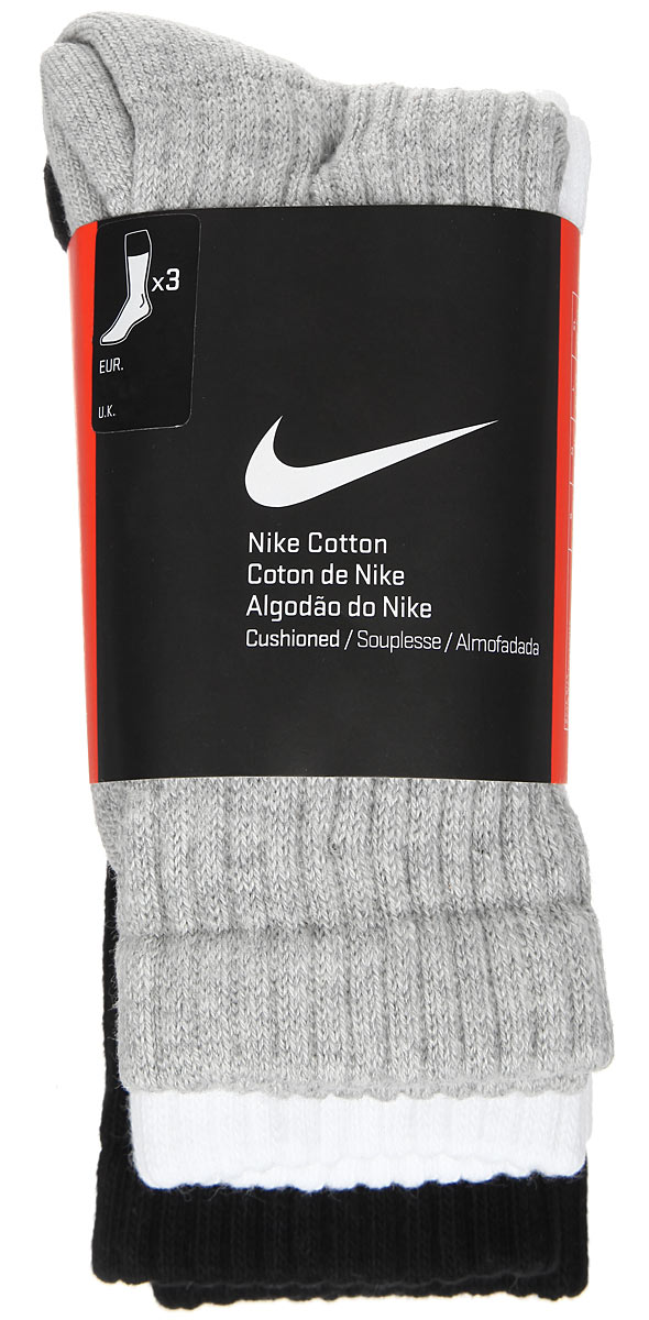 Носки унисекс Nike 3PPK Value Cotton Crew, цвет: черный, серый, белый, 3 пары. SX4508-965. Размер XL (46/50)