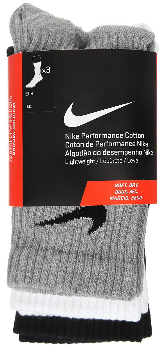 Носки унисекс Nike 3PPK Lightweight Crew, цвет: черный, серый, белый, 3 пары. SX4704-901. Размер S (34/38)