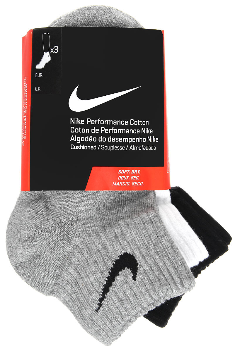 Носки унисекс Nike 3PPK Cushion Quarter, цвет: черный, серый, белый, 3 пары. SX4703-901. Размер S (34/38)