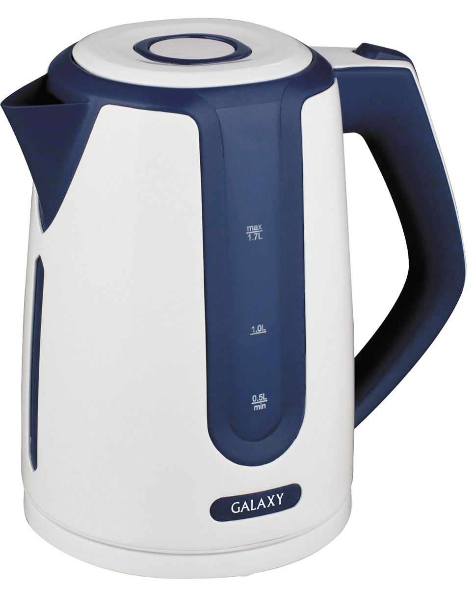 Galaxy GL0207, Blue White электрочайник4630003362308 Galaxy GL0207, Blue White электрочайник4630003362308Удобный и простой в использовании электрочайник Galaxy GL0207 изготовлен из термостойкого пластика и впишется в любую современную кухню. Благодаря мощности в 2200 Вт и нагревательному элементу скрытого типа, быстро вскипятит воду объемом до 1,7 литров. На рынке бытовой техники этот прибор пользуется неизменной популярностью благодаря высокому качеству, безопасности и удобству в использовании. Модель оснащена индикатором включения/выключения, шкалой уровня воды и съемным фильтром против накипи. Цоколь с центральным контактом позволяет поворачивать прибор на 360°. В целях безопасности имеются функции блокировки включения без воды и автоматического отключения при закипании.Скрытый нагревательный элемент. Съемный фильтр