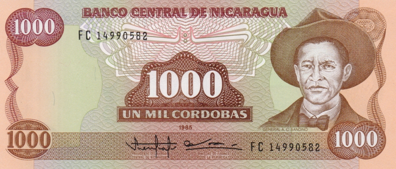 Банкнота номиналом 1000 кордоб. Никарагуа. 1988 год