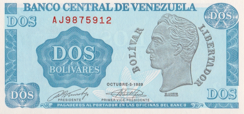 Банкнота номиналом 2 боливара. Венесуэла. 1989 год
