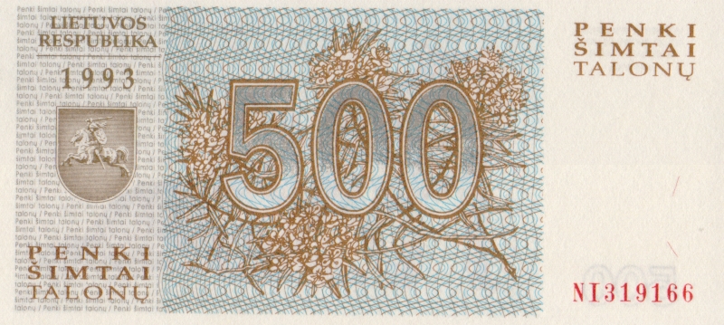 Банкнота номиналом 500 талонов. Литва. 1993 год