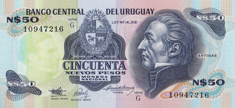 Банкнота номиналом 50 новых песо. Уругвай. 1989 год