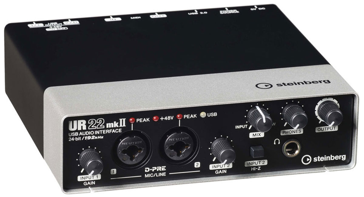 Steinberg UR22mkII аудиоинтерфейсSTEINBERG UR22mk2 Steinberg UR22mkII аудиоинтерфейсSTEINBERG UR22mk2Steinberg UR22mkII - 2-канальный звуковой USB-интерфейс. В отличии от предыдущей версии, устройство располагает режимом Loopback под интернет-стриминг в реальном времени и функцией Class Compliant для подсоединения к iPad. Помимо этого, в набор входит приложение iOS Cubasis Light Edition.Аудиоинтерфейс предоставляет качество до 192 кГц, подключается посредством USB 2.0 шины, имеет MIDI вход/выход, два комбовхода (XLR / 1/4 TRS) с уже признанными в аудиоиндустрии высококлассными микрофонными предусилителями D-PRE от Yamaha, а также двумя основными линейными выходами.Steinberg UR22mkII заключен в цельнометаллический корпус, на лицевой стороне которого имеются два комбинированных входа Neutrik XLR / 1/4 TRS для подключения микрофонов и линейных источников, каждый с регулировкой усиления и индикатором пиков, плюс дополнительный переключатель Hi-Z на втором входе. Передняя панель также включает выход на наушники с отдельным регулятором громкости и ручку Mix для аппаратного мониторинга с нулевой задержкой.В сочетании с программным обеспечением Cubase AI вы получаете по-настоящему профессиональную среду для записи и работы со звуком по доступной цене. Особенно по вкусу новинку придется мобильным пользователям и небольшим студиям звукозаписи, что обусловлено её портативными размерами.Поддержка режимов до 24-бит/192 кГцПоддержка фантомного питания +48 В Прочный цельнометаллический корпусMIDI вход и выходИнструментальный вход (Hi-Z)Системные требования:Двухъядерный процессор Intel или AMDОЗУ: 2 ГБМесто на диске: 4 ГБРазрешение экрана: 1280 x 800ОС: Windows 7/8/8.1/10; Mac OS X 10.7/10.8/10.9/10.10/10.11Для установки и активации ПО Cubase AI требуется интернет-соединение