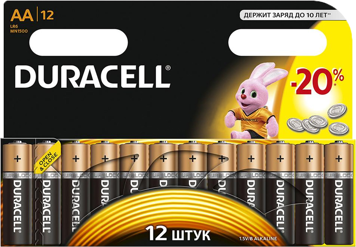 Набор алкалиновых батареек Duracell, тип AA, 12 штDRC-81480362 Набор алкалиновых батареек Duracell, тип AA, 12 штDRC-81480362Набор батареек Duracell - оптимальный выбор для использования в современных приборах. Особенно эффективны в таких изделиях как плееры, фонари, пульты дистанционного управления, фотовспышки, часы, диктофоны, электронные игрушки, переносные ТВ и т.д. Щелочной элемент питания батареек работает до 10 раз дольше, по сравнению с обычными солевыми батарейками. Характеристики:Тип элемента питания: AA (LR6). Тип электролита: щелочной. Выходное напряжение: 1,5 В. Комплектация: 12 шт. Размер упаковки: 17 см х 12 см х 1,5 см. Артикул: DRC-81367213.