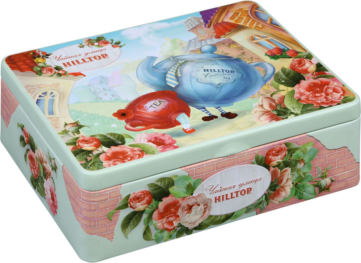 Hilltop Чайная улица чайный набор, 200 г4607099304963 Hilltop Чайная улица чайный набор, 200 г4607099304963Hilltop Чайная улица поставляется в подарочной шкатулке с крышкой. Внутри 4 жестяные чайницы и металлическое заварное ситечко.Состав набора:Цейлонский чай (50 г) — особый сорт черного цейлонского байхового среднелистового чая, содержащий большое количество эфирных масел, с богатым вкусом, насыщенным ароматом и выраженным тонизирующим эффектом.Цитрусовая фантазия (50 г) — черный чай с благоухающим ароматом апельсинового масла, дополненного календулой и васильком в сочетании с тонкими нотами лемонграсса и шиповника.Земляника со сливками (50 г) — крупнолистовой черный чай с листьями и плодами земляники, и со вкусом свежих сливок. Классика ароматизированных чаев. Попробуйте охлажденным, с добавлением кусочков льда.Китайский зеленый чай (50 г) - байховый крупнолистовой чай с красивым золотистым настоем.