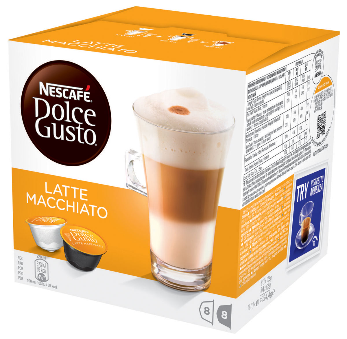 Nescafe Dolce Gusto Latte Macchiato кофе в капсулах, 16 шт5219838 Nescafe Dolce Gusto Latte Macchiato кофе в капсулах, 16 шт5219838Nescafe Dolce Gusto Latte Macchiato – перевернутый вверх дном латте с небольшой изюминкой. Великолепный, мягкий, со сладковатыми оттенками, капсульный Latte Macchiato превращается в удивительный напиток, который будет восхищать вас каждый раз.Молоко цвета бисквита в качестве нижнего слоя, переходящее в более темный слой кофе, создаст атмосферу настоящего праздника. Latte Macchiato с итальянского переводится как подкрашенное молоко. Эспрессо наливается поверх молока, создавая своеобразный слоистый узор, который ни с чем не спутаешь, и затем переходит в изысканную молочную пену. Latte Macchiato украшается элегантной темной кофейной точкой в качестве легко узнаваемой подписи. Вам не нужно далеко ходить, чтобы выпить такой красивый и вкусный кофе, потому что ваша кофемашина Nescafe Dolce Gusto способна создать напиток на уровне кофейни прямо у вас на кухне. Latte Macchiato поможет вам насладиться минутами для себя или же вызовет восхищение в компании друзей.В состав набора входят:8 кофейных капсул (кофе натуральный жареный молотый)8 молочных капсул (сухое цельное молоко, сахар, эмульгатор (соевый лецитин))