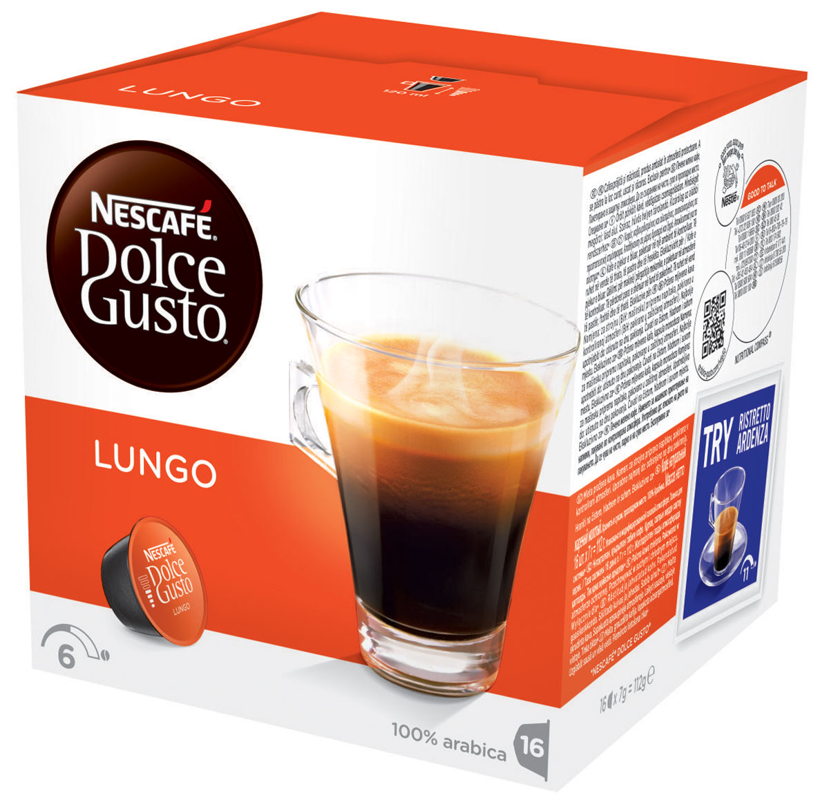 Nescafe Dolce Gusto Lungo кофе в капсулах, 16 шт5219842 Nescafe Dolce Gusto Lungo кофе в капсулах, 16 шт5219842Кофейные капсулы Лунго созданы специально для ценителей итальянского длинного кофе. Лунго рождается точно так же, как и классический эспрессо. Вода проходит через тщательно обжаренный и перемолотый кофе, но вместо того, чтобы остановиться на маленькой порции, вода наполняет кофейную чашку обычного размера. Что получается? Удивительный расслабляющий кофе, который идеально подходит для любого времени дня! Изысканный аромат придется по вкусу всем любителям кофе.