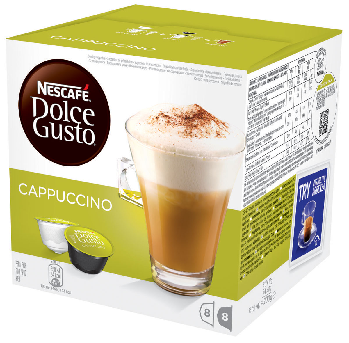 Nescafe Dolce Gusto Cappuccino кофе в капсулах, 16 шт5219849 Nescafe Dolce Gusto Cappuccino кофе в капсулах, 16 шт5219849Несомненный образец классика – великолепный капучино всегда в фаворе у всех любителей кофе. Глубокий вкус эспрессо в сочетании с бархатистой пеной и фактурным молоком делают этот напиток великолепным удовольствием снова и снова, по какому бы случаю его ни пили. Гармония темного обжаренного кофе и молока означает, что вам просто нечего добавить в это великолепный напиток. Менее молочный, чем латте, но более воздушный, чем эспрессо... Мягкая текстура капучино – это то, что вы не сможете забыть, если хоть раз попробуете его. Идеальный капучино многослоен, но расслабляет, он легко пьется, а температура как раз позволяет сохранить незабываемый вкус. Благодаря этому он стал основным напитком в коллекции капсул для любого владельца кофемашины Nescafe Dolce Gusto: популярный среди друзей и близких и абсолютно идеальный для отдыха и расслабления, когда вам нужен перерыв.В состав входят:8 капсул с натуральным жареным молотым кофе8 капсул с сухим цельным молоком, сахаром, эмульгатором (соевый лецитин)
