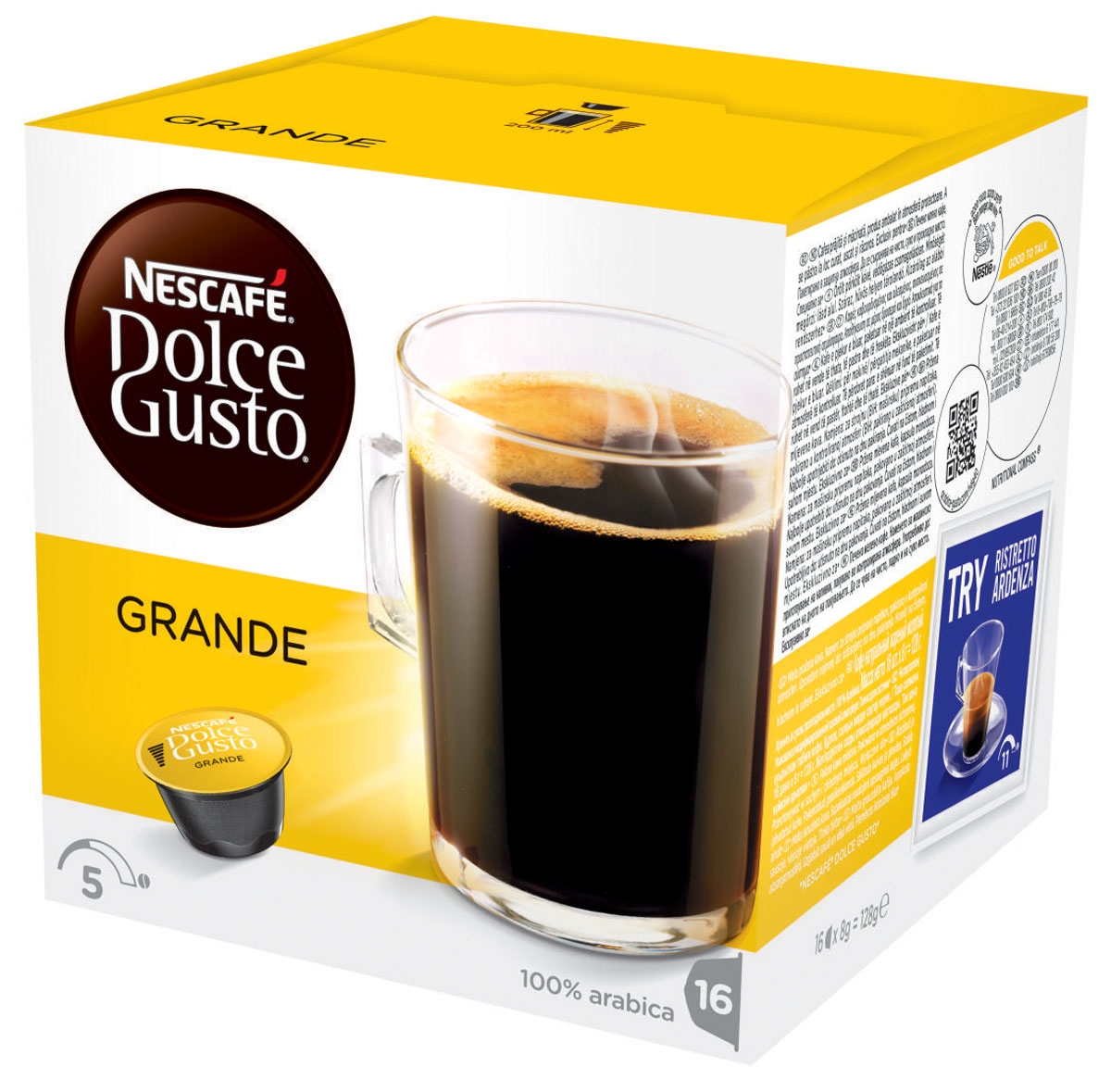 Nescafe Dolce Gusto Grande кофе в капсулах, 16 шт12120090 Nescafe Dolce Gusto Grande кофе в капсулах, 16 шт12120090Слегка более насыщенный Nescafe Dolce Gusto Grande – это следующий шаг от классического американо. Мягкий и, безусловно, доставляющий удовольствие, капсульный гранде изготовлен из 100% зерен Арабики средней прожарки и идеально подходит как для первой утренней чашки, так и для употребления в течение дня.