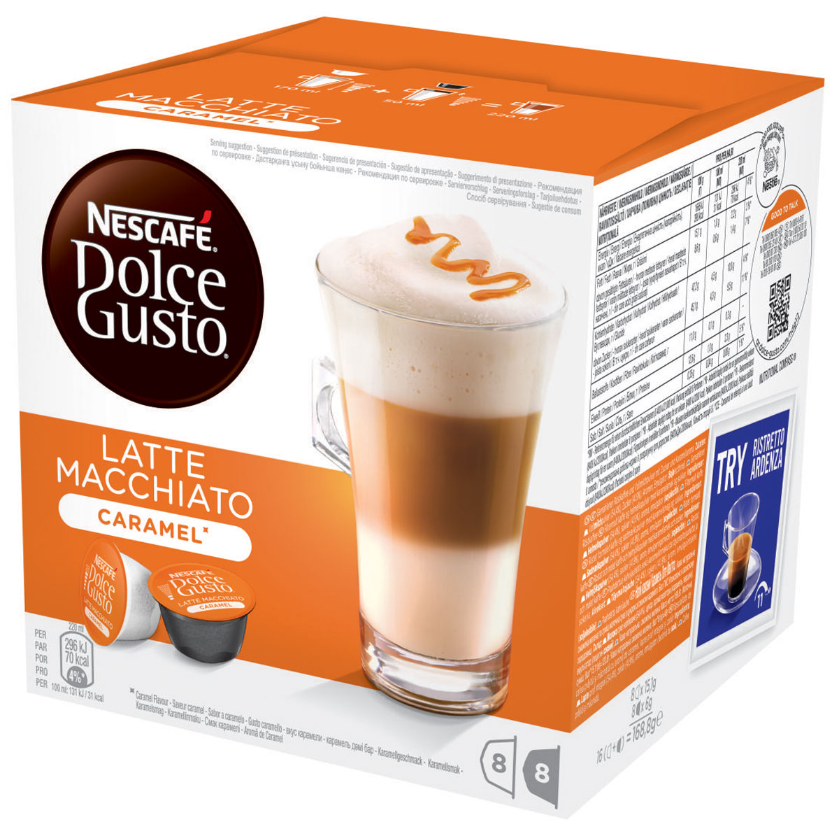 Nescafe Dolce Gusto Latte Macchiato со вкусом карамели кофе в капсулах, 16 шт12136960 Nescafe Dolce Gusto Latte Macchiato со вкусом карамели кофе в капсулах, 16 шт12136960Nescafe Dolce Gusto Latte Macchiato со вкусом карамели - это утонченный кофейный напиток. Терпкий вкус распределяется через пропитанное карамелью молоко, создавая необычайно мягкий сладкий напиток, который мог быть создан только руками бариста.Увенчанный короной из снежной пены, этот капсульный латте имеет классические карамельные нотки, что делает его идеальным напитком для любителей сладкого кофе. Стильный вид и украшение в виде пятнышка кофе – этот латте исключительно подходит для получения удовольствия в любое время дня. Его легко приготовить, сохранив качество напитка, аналогичное кофейне.В состав входят: 8 кофейных капсул8 молочных капсул