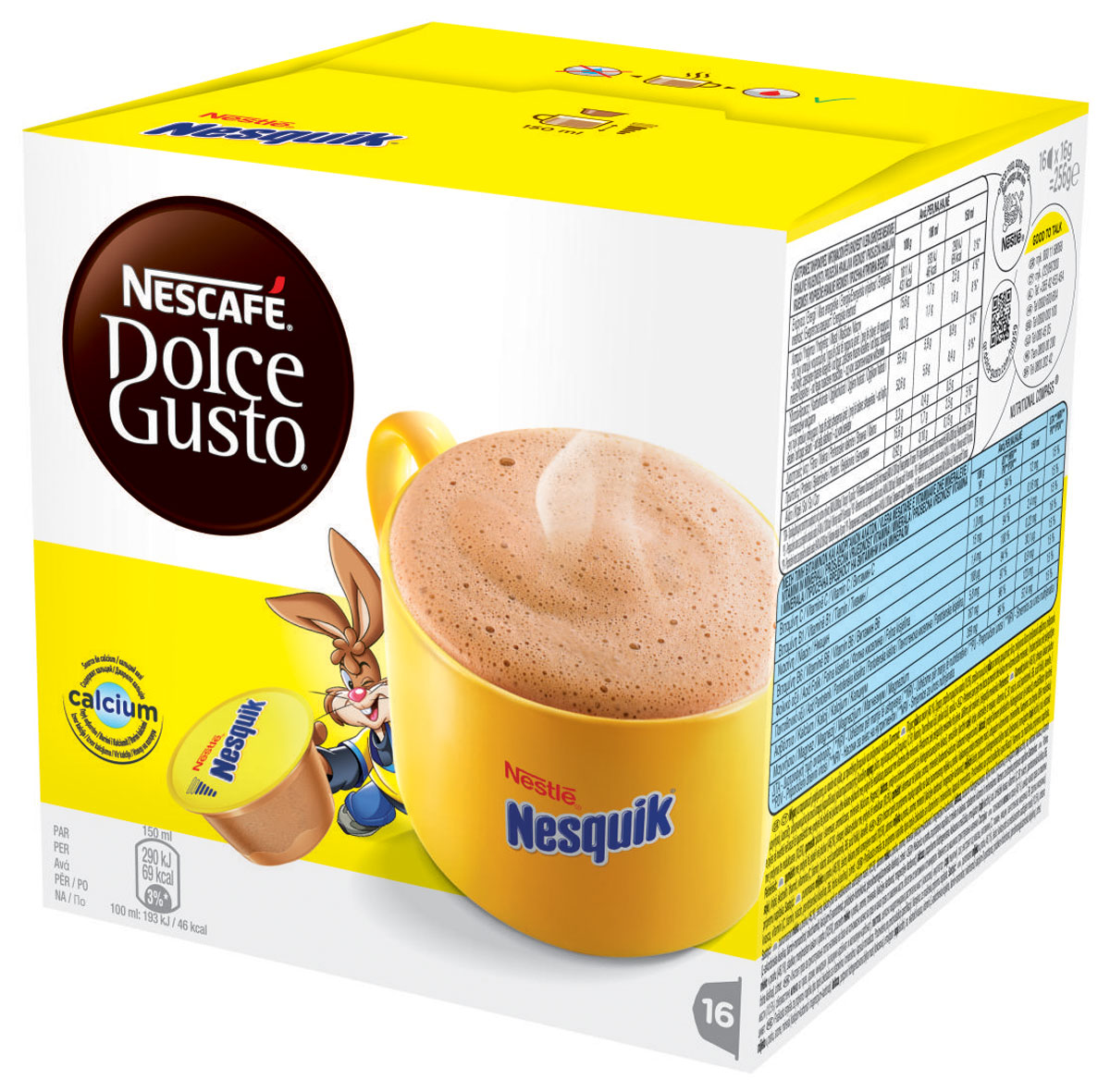 Nescafe Dolce Gusto Nesquik какао в капсулах, 16 шт12142996 Nescafe Dolce Gusto Nesquik какао в капсулах, 16 шт12142996Нет ничего лучше чашечки ароматного согревающего шоколадного напитка Nescafe Dolce Gusto Nesquik. Насладитесь вкуснейшим напитком - неважно, готовите ли вы его ребенку или сами желаете на миг вернуться в мир детства. Кролик Квики мгновенно наполнит вашу чашку горячим ароматным какао-напитком.Состав капсулы: молоко сухое цельное (46,1%), сахар, какао порошок (10,5%), молоко сухое обезжиренное, ароматизаторы, минеральные вещества (карбонат кальция и карбонат магния), соль, экстракт дрожжей, витамины (С, B1, ниацин, пантотеновая кислота, В6, фолиевая кислота), корица.