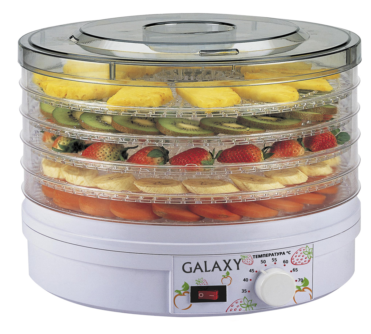 Galaxy GL2633 сушилка для овощей и фруктов4650067301563 Galaxy GL2633 сушилка для овощей и фруктов4650067301563Сушка овощей и фруктов - это самый эффективный способ сохранить в них все важные для здоровья микроэлементы и витамины. С электросушилкой для продуктов Galaxy GL2633 процесс стал гораздо проще и эффективнее! Благодаря идеальному соотношению нужной температуры и скорости обдува продукты просушиваются равномерно и невероятно быстро!Во время сушки продуктов на открытом воздухе существует вероятность образования плесени и бактерий, ведь для качественной сушки очень важна неизменная температура окружающей среды. Кроме того, для сохранения полезных веществ, продукты должны просушиваться максимально быстро, чего бывает сложно добиться при сушке, к примеру, мяса или рыбы. С электросушилкой Galaxy GL2633 вы навсегда забудете об этих проблемах!
