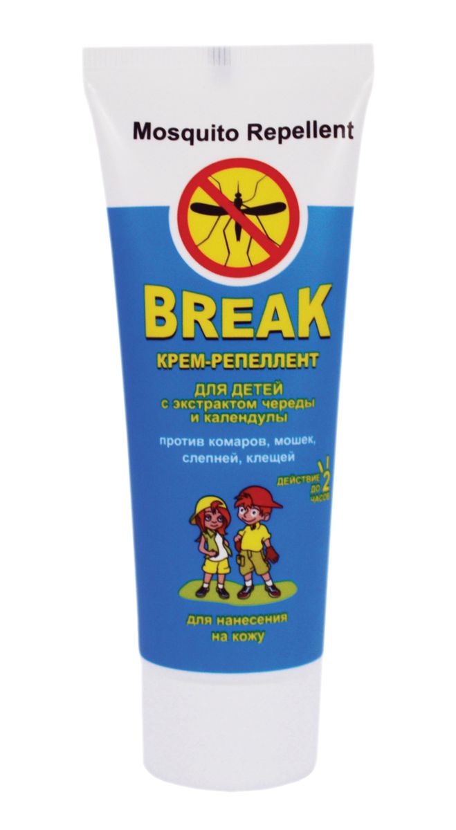 Break Крем-репеллент для детей с экстрактом череды и календулы 70 г11796 Break Крем-репеллент для детей с экстрактом череды и календулы 70 г11796Крем-репеллент Break для детей надежно и бережно защищает ребенка от укусов комаров, клещей, слепней и мошек. Легкая нежирная текстура позволяет быстро средство даже на самого подвижного малыша. Входящий в состав экстракт череды, календулы и пантенола обладают успокаивающими, противовоспалительными, антисептическими действиями. Рекомендовано для детей от 1 года. Действует на протяжении 2 часов.