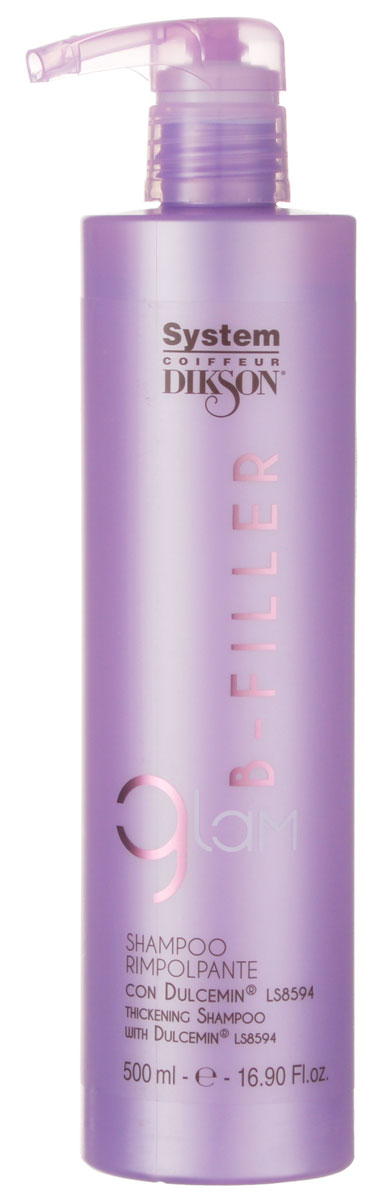 Dikson Шампунь интенсивное ухаживание с комплексом Dulcemin LS8594 Glam B-Filler Thickening Shampoo 500 млdiks2636 Dikson Шампунь интенсивное ухаживание с комплексом Dulcemin LS8594 Glam B-Filler Thickening Shampoo 500 млdiks2636Мягкий очищающий шампунь с кремовой консистенцией идеален для сухих, ломких и поврежденных волос. Bfiller Shampoo обогащен Dulcemin LS8594, гликопротеином, полученным из сладкого миндаля и обладающим увлажняющими, смягчающими и питательными свойствами. Glam Bfiller Shampoo является первой фазой интенсивного уплотняющего ухода, благодаря которому даже сильно поврежденные волосы будут легко расчесываться, приобретут плотность и объем. Для оптимальных результатов продолжите уход с другими продуктами линии Glam Bfiller.Активные компоненты: Dulcemin LS8594 (гликопротеин), миндаль.Результат: Волосы становятся послушными, плотными и приобретают объем.