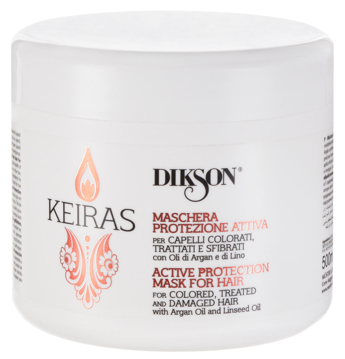 Dikson Маска «Активная защита» для окрашенных волос Keiras Maschera Protezione Attiva 500 мл1516 Dikson Маска «Активная защита» для окрашенных волос Keiras Maschera Protezione Attiva 500 мл1516Маска мгновенного действия для окрашенных и поврежденных волос. Укрепляет, не утяжеляя структуру волос, содержит комплекс anti-age. Масло Арганы увлажняет волосы, делая их более эластичными. Льняное масло питает, придает объем и способствует укреплению корней.