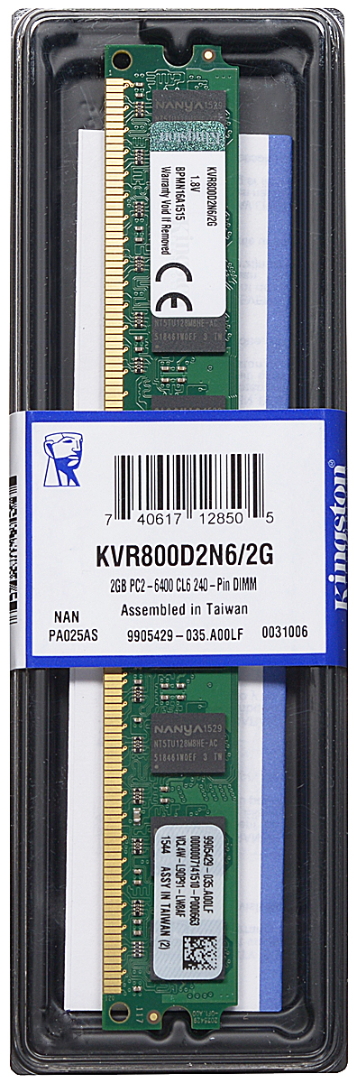 Kingston DDR2 2GB 800 МГц модуль оперативной памяти (KVR800D2N6/2G)KVR800D2N6/2G Kingston DDR2 2GB 800 МГц модуль оперативной памяти (KVR800D2N6/2G)KVR800D2N6/2GМодуль оперативной памяти Kingston типа DDR2 обладает высокой пропускной способностью, но не имеет поддержки ECC и буфера, что способствует увеличенной частоте приема данных при снижении энергопотребления и тепловыделения. Напряжение питания при работе составляет 1,8 В. В модуле также имеется 16 чипов с двухсторонним расположением.Объем памяти 2 ГБ позволит свободно работать со стандартными и офисными программами, а также нетребовательными играми. Двухсторонний форм-фактор позволит использовать модуль для оснащения стационарных компьютеров. Тактовая частота равна 800 МГц, а пропускная способность составляет 6400 Мб/с, что гарантирует быструю и качественную передачу данных.