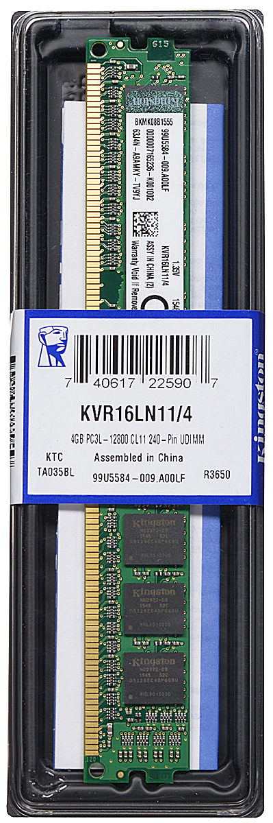 Kingston DDR3L 4GB 1600 МГц модуль оперативной памяти (KVR16LN11/4)KVR16LN11/4 Kingston DDR3L 4GB 1600 МГц модуль оперативной памяти (KVR16LN11/4)KVR16LN11/4Модуль оперативной памяти Kingston типа DDR3L обеспечивает увеличенную рабочую частоту (по сравнению с DDR2) при сниженном тепловыделении и экономном энергопотреблении. Напряжение питания при работе составляет 1,35 В. В модуле также имеется 8 чипов с односторонним расположением.Объем памяти 4 ГБ позволит свободно работать со стандартными, офисными и профессиональными программами, а также современными нетребовательными играми. Работа осуществляется при тактовой частоте 1600 МГц и пропускной способности, достигающей до 12800 Мб/с, что гарантирует качественную синхронизацию и быструю передачу данных, а также возможность выполнения множества действий в единицу времени. Параметры тайминга 11-11-11 гарантируют быструю работу системы.ValueRAM Kingston - это модули памяти, изготовленные в соответствии с отраслевыми стандартами, обеспечивающие непревзойденную производительность и отличающиеся легендарной надежностью Kingston.