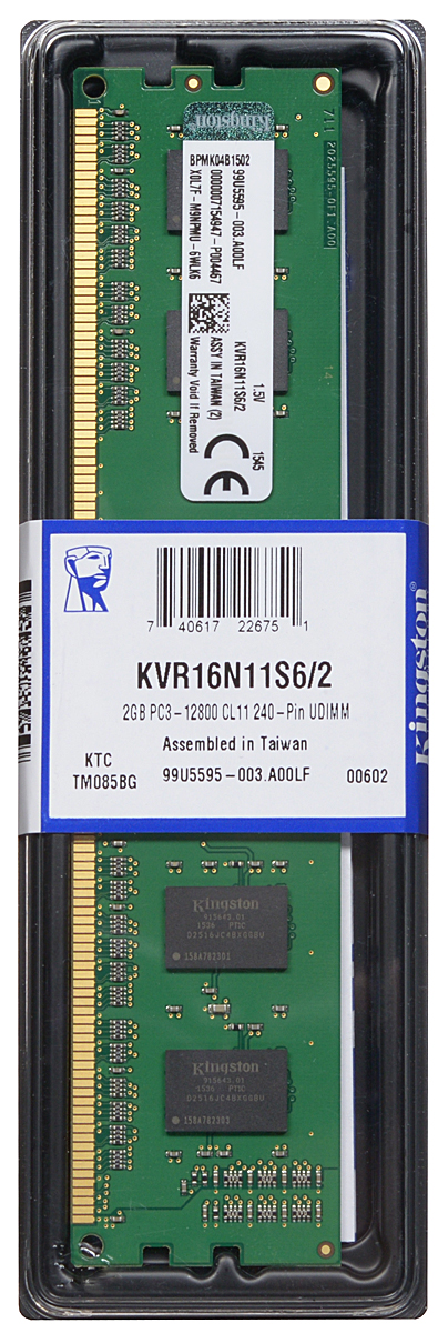 Kingston DDR3 2GB 1600 МГц модуль оперативной памяти (KVR16N11S6/2)KVR16N11S6/2 Kingston DDR3 2GB 1600 МГц модуль оперативной памяти (KVR16N11S6/2)KVR16N11S6/2Модуль оперативной памяти Kingston типа DDR3 обеспечивает увеличенную рабочую частоту (по сравнению с DDR2) при сниженном тепловыделении и экономном энергопотреблении. Напряжение питания при работе составляет 1,5 В. В модуле также имеется 4 чипа с односторонним расположением.Объем памяти 2 ГБ позволит свободно работать со стандартными и офисными программами, а также нетребовательными играми. Работа осуществляется при тактовой частоте 1600 МГц и пропускной способности, достигающей до 12800 Мб/с, что гарантирует комфортную работу с большими объемами текстов, архивов и баз, а также возможность выполнения множества действий в единицу времени. Параметры тайминга 11-11-11 не принижают скорости работы системы.