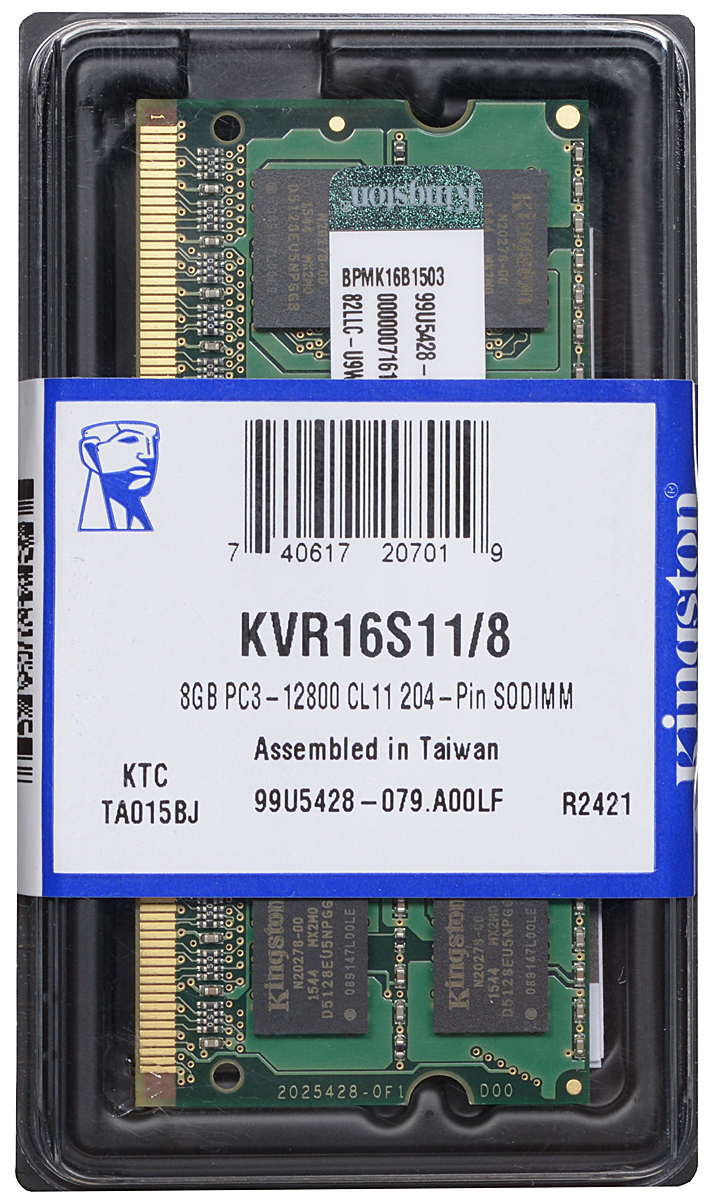 Kingston DDR3 8GB 1600 МГц модуль оперативной памяти (KVR16S11/8)KVR16S11/8 Kingston DDR3 8GB 1600 МГц модуль оперативной памяти (KVR16S11/8)KVR16S11/8Модуль оперативной памяти Kingston типа DDR3 для ноутбуков обеспечивает увеличенную рабочую частоту (по сравнению с DDR2) при сниженном тепловыделении и экономном энергопотреблении. Напряжение питания при работе составляет 1,5 В. В модуле также имеется 16 чипов с двухсторонним расположением.Объем памяти 8 ГБ позволит свободно работать со стандартными, офисными и профессиональными ресурсоемкими программами, а также современными требовательными играми. Работа осуществляется при тактовой частоте 1600 МГц и пропускной способности, достигающей до 12800 Мб/с, что гарантирует качественную синхронизацию и быструю передачу данных, а также возможность выполнения множества действий в единицу времени. Параметры тайминга 11-11-11 гарантируют быструю работу системы.ValueRAM Kingston - это модули памяти, изготовленные в соответствии с отраслевыми стандартами, обеспечивающие непревзойденную производительность и отличающиеся легендарной надежностью Kingston.