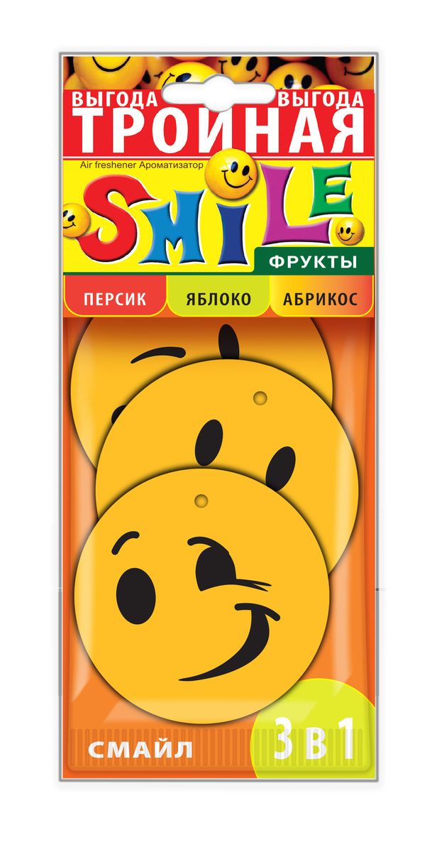 Ароматизатор для салона автомобиля Sapfire Smile. Фрукты, 3 шт07932-SAC Ароматизатор для салона автомобиля Sapfire Smile. Фрукты, 3 шт07932-SACПодвесной ароматизатор для салона автомобиля Sapfire Smile. Фрукты имеет приятные ароматы: Персик, Яблоко, Абрикос. Ароматизатор, выполненный из микропористого картона в виде смайлика, предназначен для автомобиля, а также для небольших помещений. Аромат держится до 30 дней. Smile. Фрукты - новое поколение концентрированных ароматизаторов. Парфюмерная композиция произведена в Японии. Обеспечивает стойкий насыщенный аромат.Состав: микропористый картон, ароматическая композиция. Диаметр ароматизатора: 7 см.Комплектация: 3 шт.