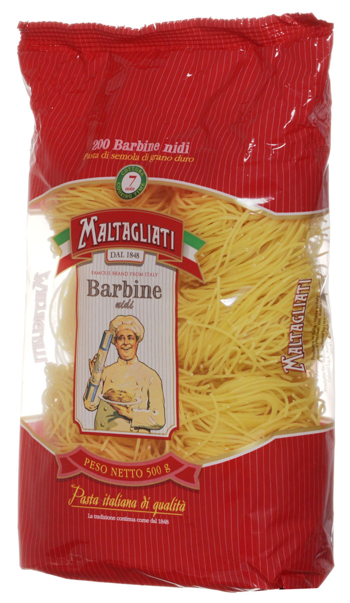 Maltagliati Barbine nidi Клубки вермишель макароны, 500 г8001810903620 Maltagliati Barbine nidi Клубки вермишель макароны, 500 г8001810903620Макаронные изделия Maltagliati производятся в Италии в Тоскане с 1848 года. Несмотря на то, что Maltagliati - это имя собственное, с начала прошлого века Maltagliati используется в Италии как нарицательное имя для домашней лапши и формата макаронных изделий похожих на домашнюю лапшу. Это самые известные итальянские макаронные изделия на территории Российской Федерации и, вероятно, всего бывшего СССР.
