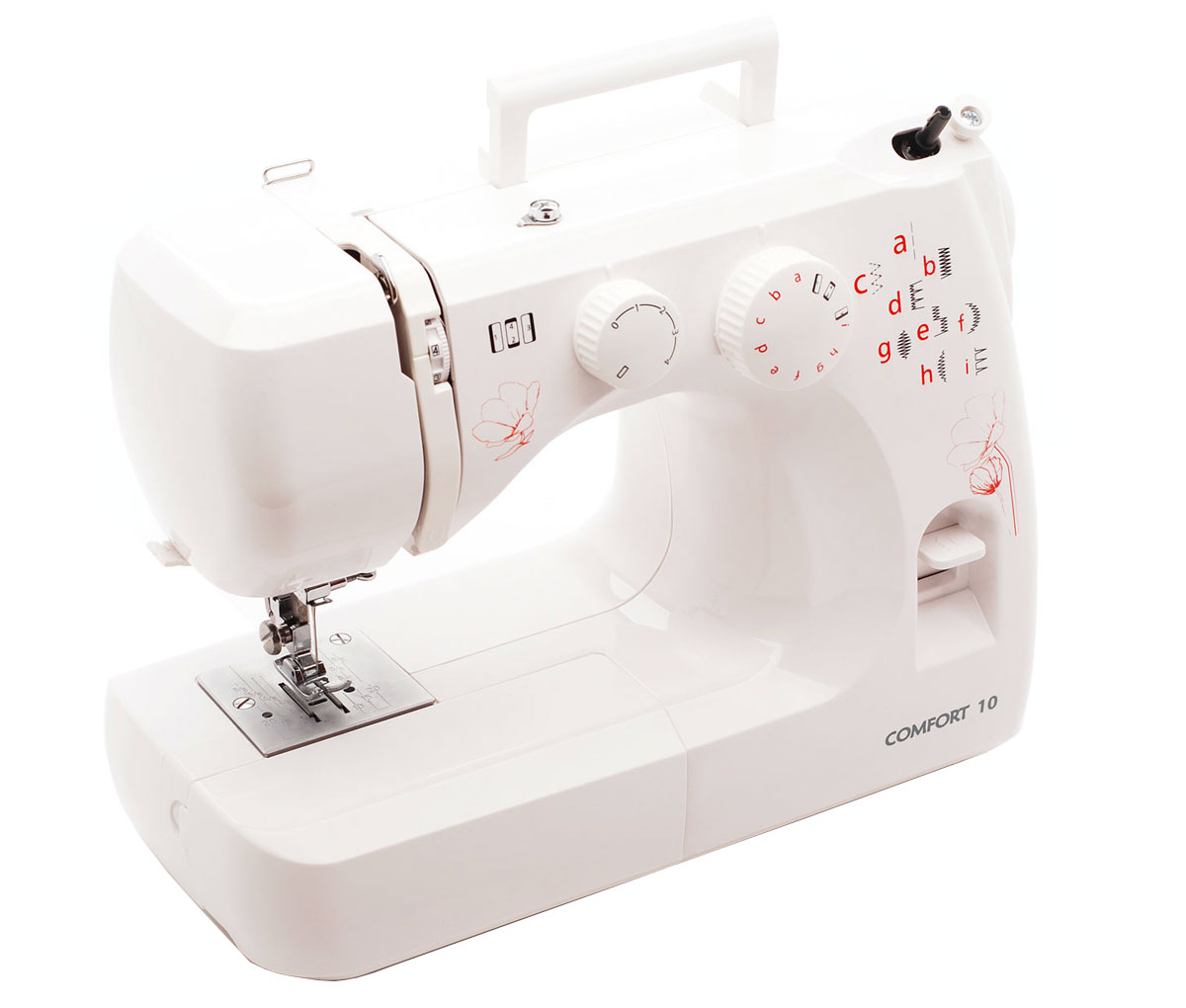 Comfort 10, White швейная машина в пластиковом кейсеComfort 10 Comfort 10, White швейная машина в пластиковом кейсеComfort 10Comfort 10 - простая, доступная, надежная по конструкции бытовая швейная машина с металлическим челноком и рамой. Прибор может быть использован для выполнения всех швейных работ по дому.12 операцийПетля полуавтоматРегулятор длины стежкаВстроенная емкость для аксессуаровСвободный рукавКлавиша реверсаЭлектронная педаль управленияВстроенное освещение600 строчек в минутуМощность лампы: 15 Вт